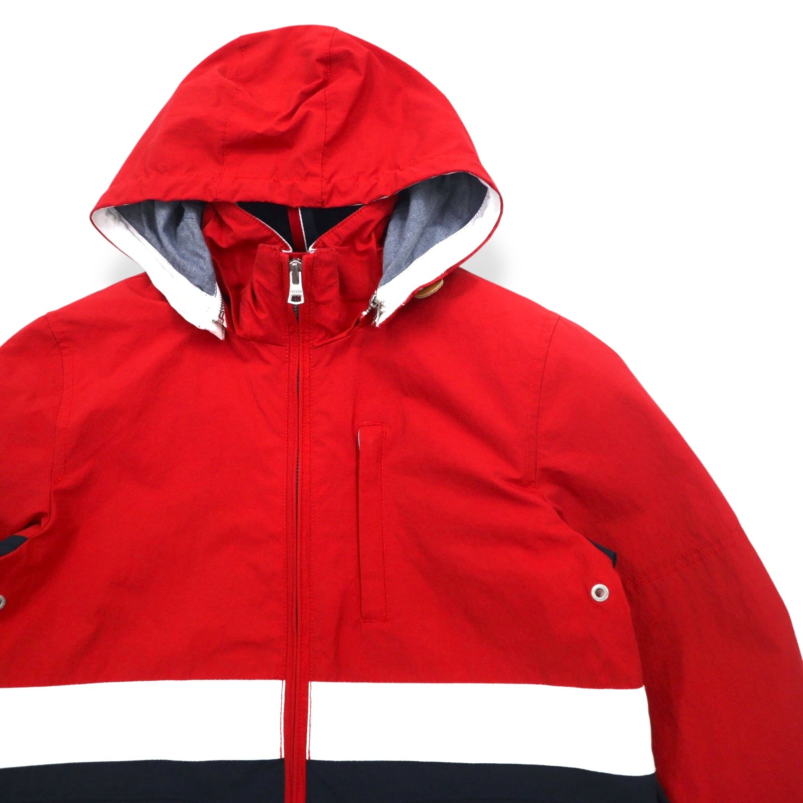 TOMMY HILFIGER giacca a vela giacca a vento M rossa tricolore doppia zip cappuccio staccabile