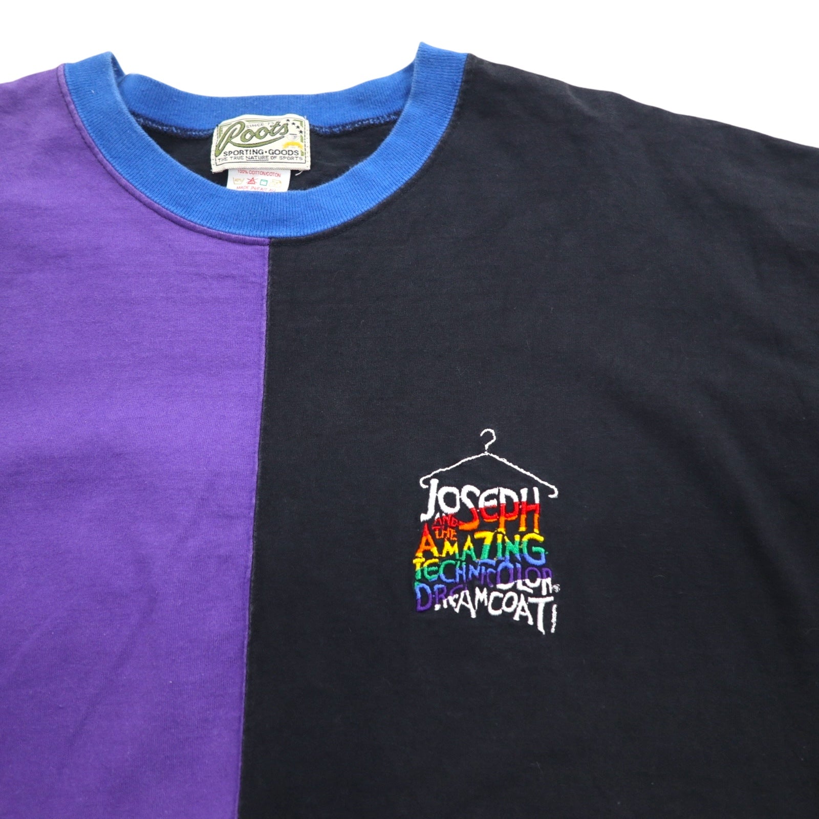 Roots SPORTING GOODS T-shirt color block anni '90, made in Canada, taglia XL, nera, ricamo a punto singolo
