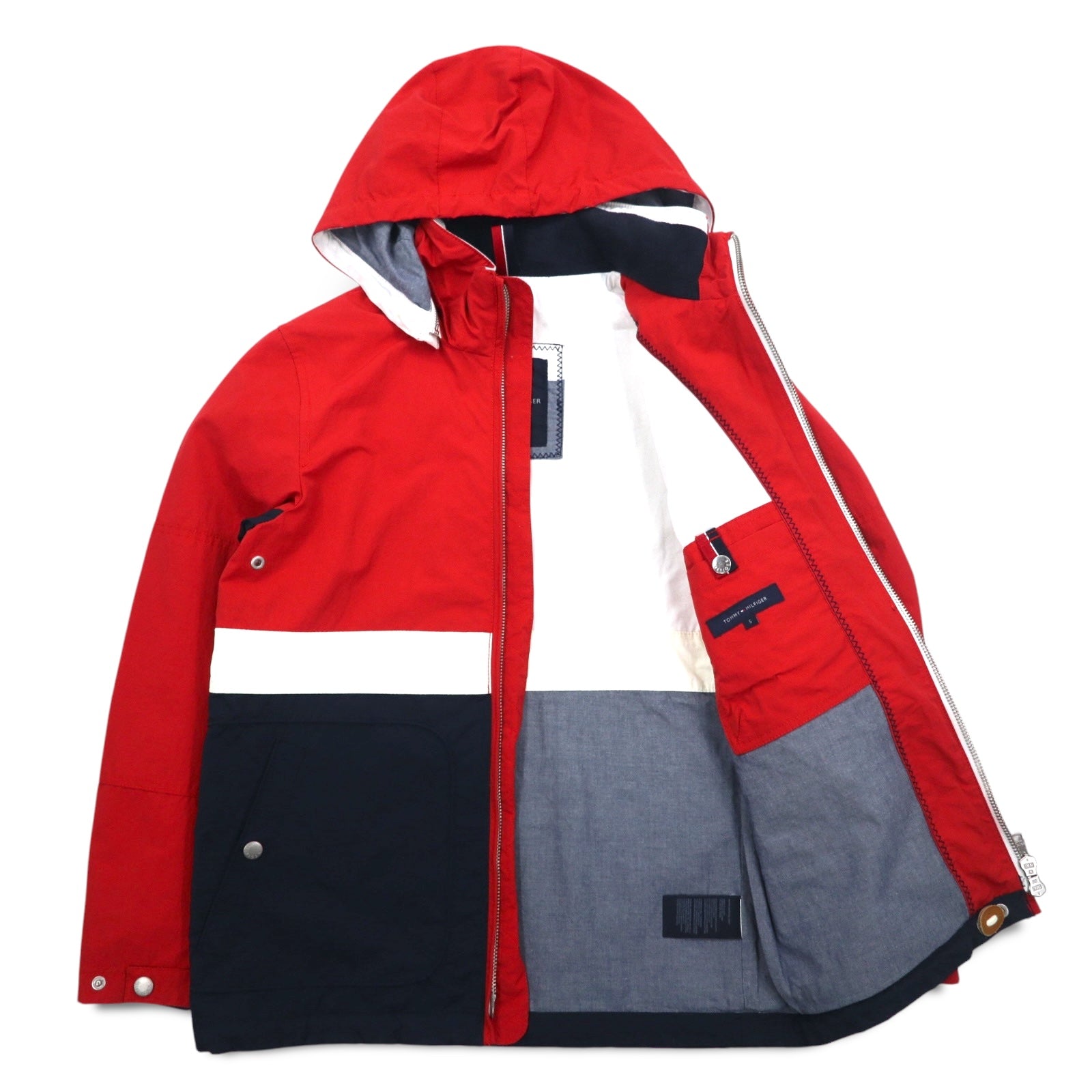 TOMMY HILFIGER giacca a vela giacca a vento M rossa tricolore doppia zip cappuccio staccabile