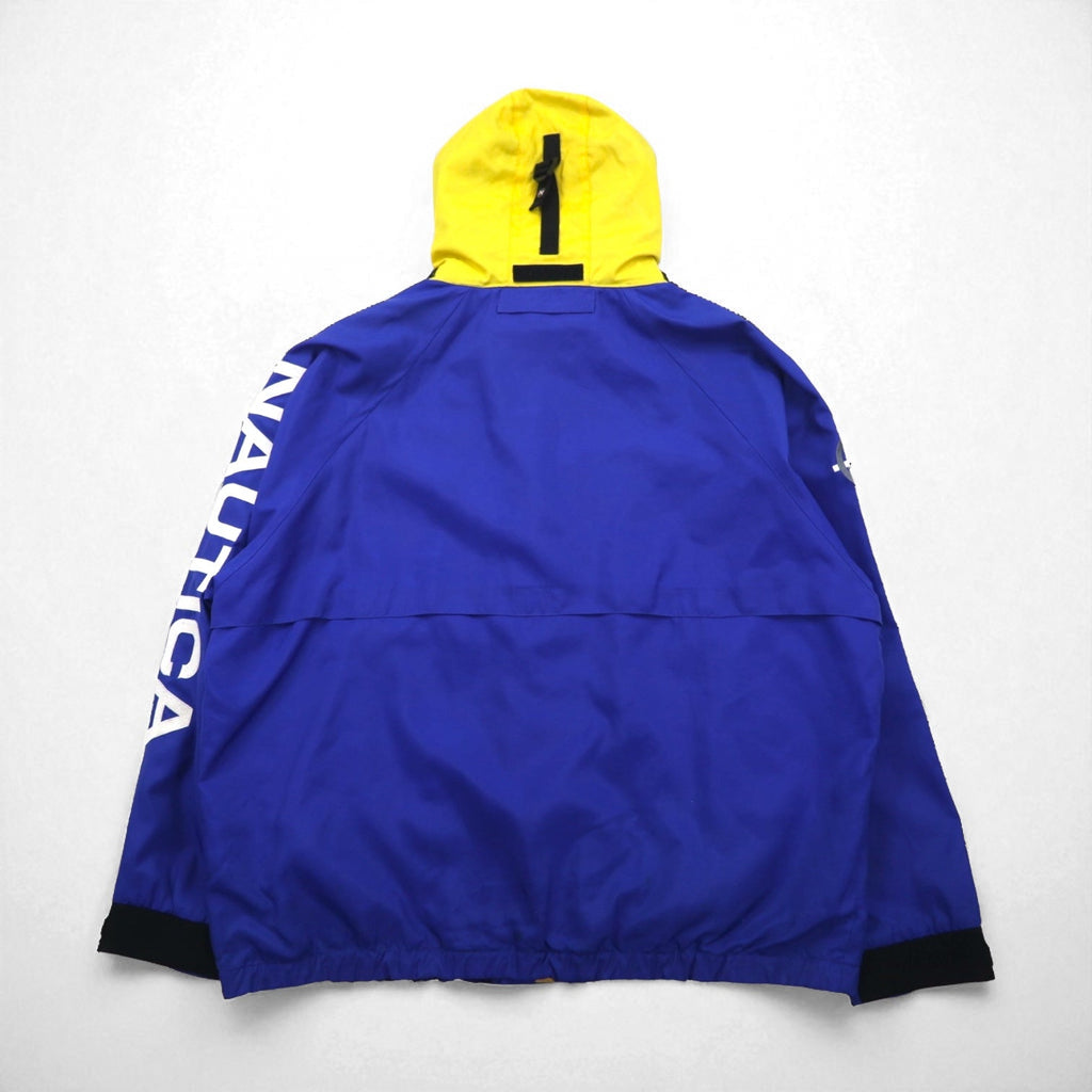 NAUTICA COMPETITION anni 2000 Giacca a vela L blu nylon ricamo logo sulla manica cappuccio ripiegabile