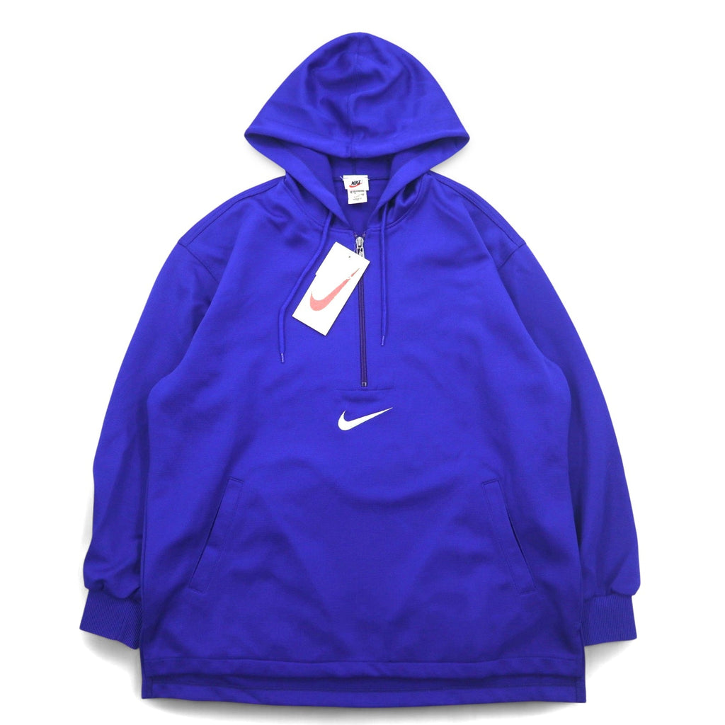 NIKE anni '90, etichetta argento, felpa sportiva con zip a metà, taglia M, blu, "Center Swoosh" e logo ricamato su entrambi i lati, made in Japan, nuova con etichette.