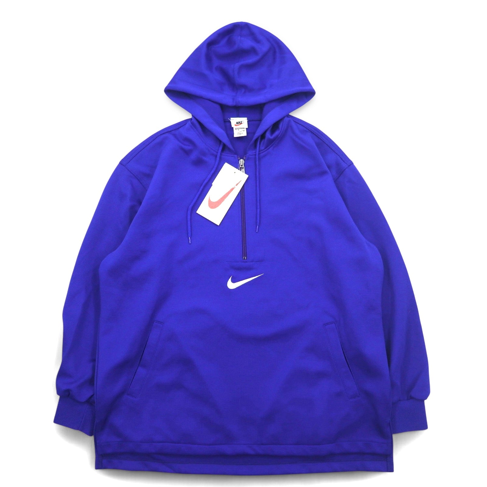 NIKE anni '90, etichetta argento, felpa sportiva con zip a metà, taglia M, blu, "Center Swoosh" e logo ricamato su entrambi i lati, made in Japan, nuova con etichette.