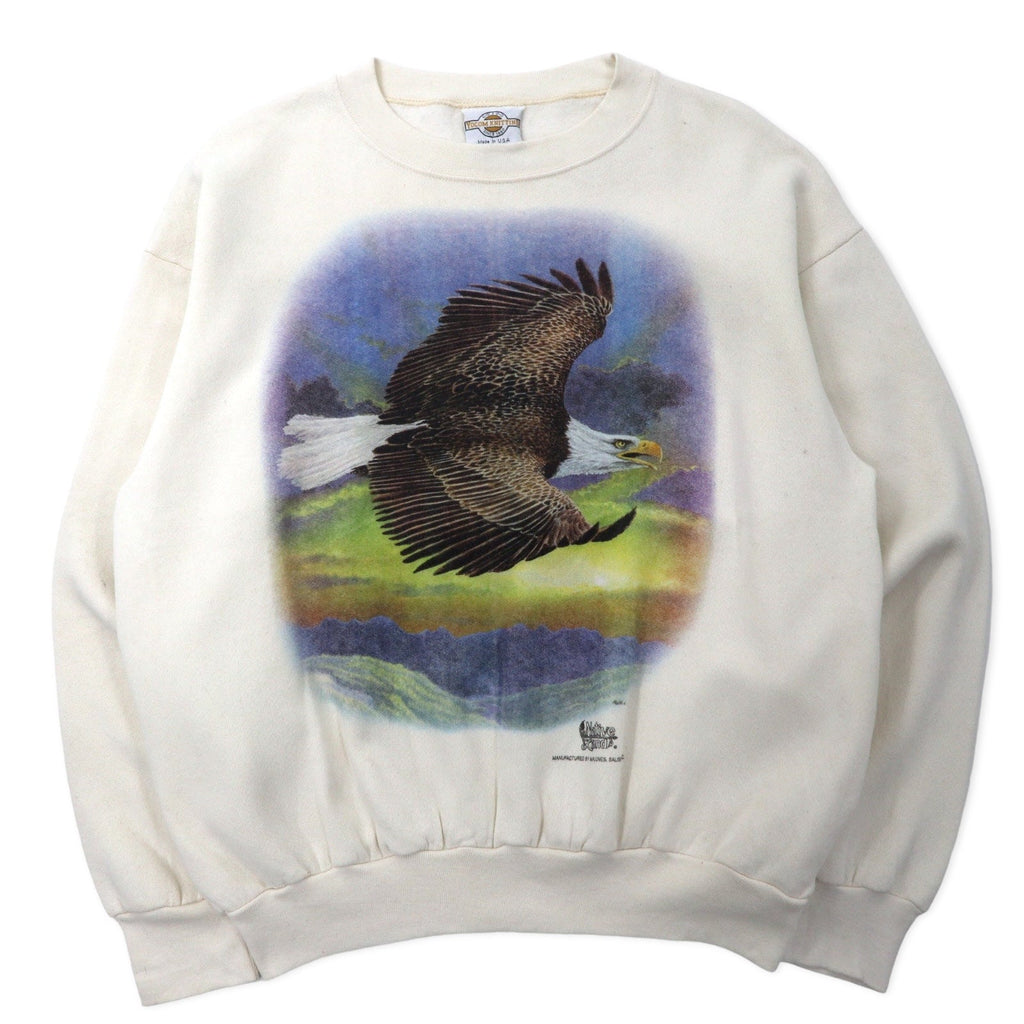 YOCOM KNITTING USA 90s felpa stampata con animali L bianca cotone Native Land