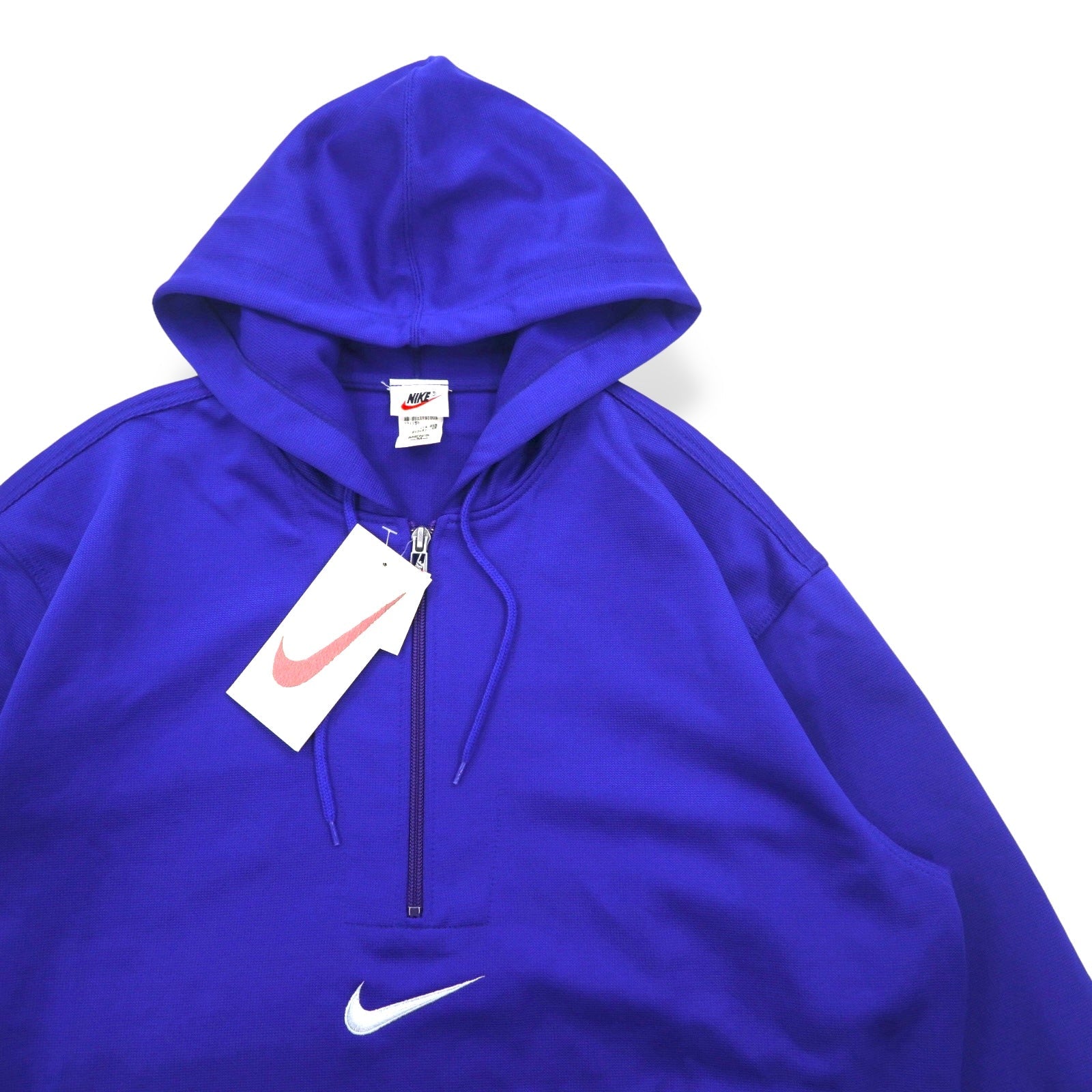 NIKE anni '90, etichetta argento, felpa sportiva con zip a metà, taglia M, blu, "Center Swoosh" e logo ricamato su entrambi i lati, made in Japan, nuova con etichette.