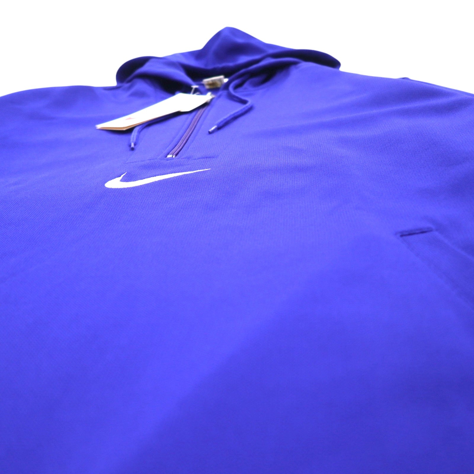 NIKE anni '90, etichetta argento, felpa sportiva con zip a metà, taglia M, blu, "Center Swoosh" e logo ricamato su entrambi i lati, made in Japan, nuova con etichette.