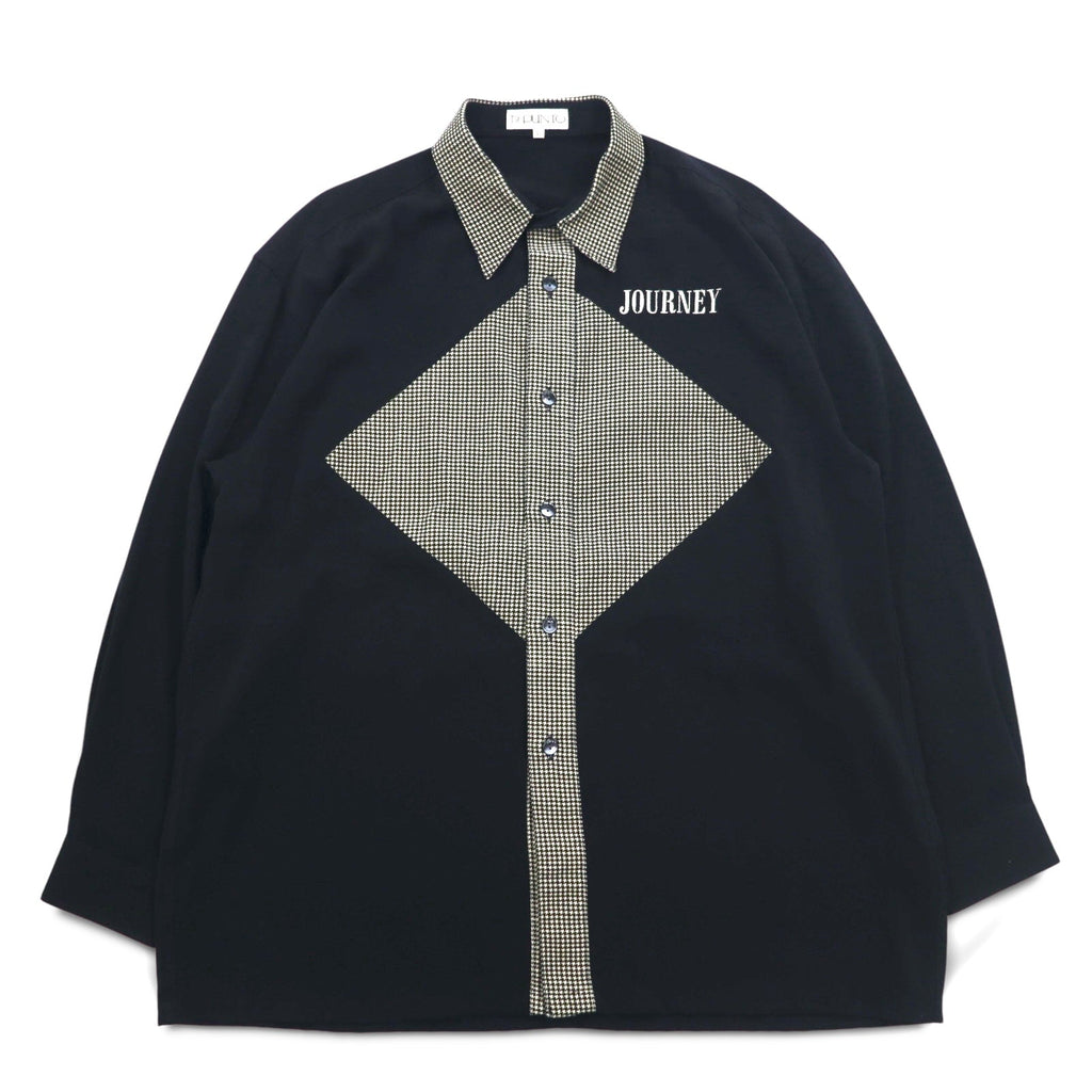 Camicia vintage anni '90, Made in Japan, stile retrò, punto. Camicia in poliestere design patchwork anni '90, taglia L, colore nero, Made in Japan.