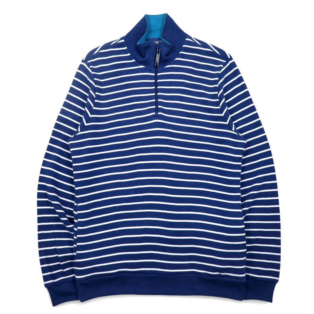LACOSTE Maglione in cotone lavorato a maglia con mezza zip, taglia L, blu navy a righe con logo, prodotto in Perù