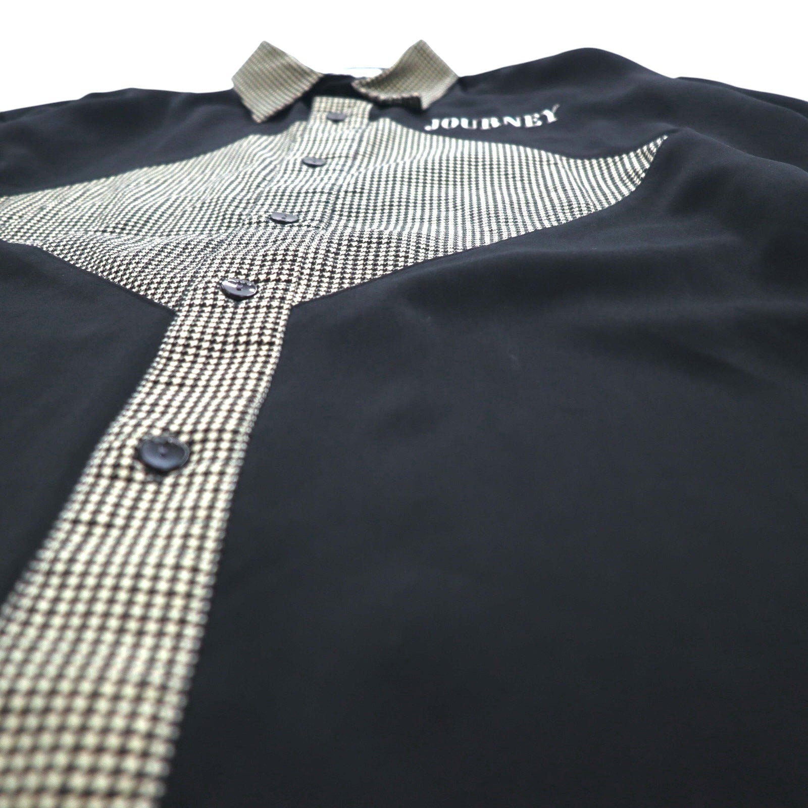 Camicia vintage anni '90, Made in Japan, stile retrò, punto. Camicia in poliestere design patchwork anni '90, taglia L, colore nero, Made in Japan.