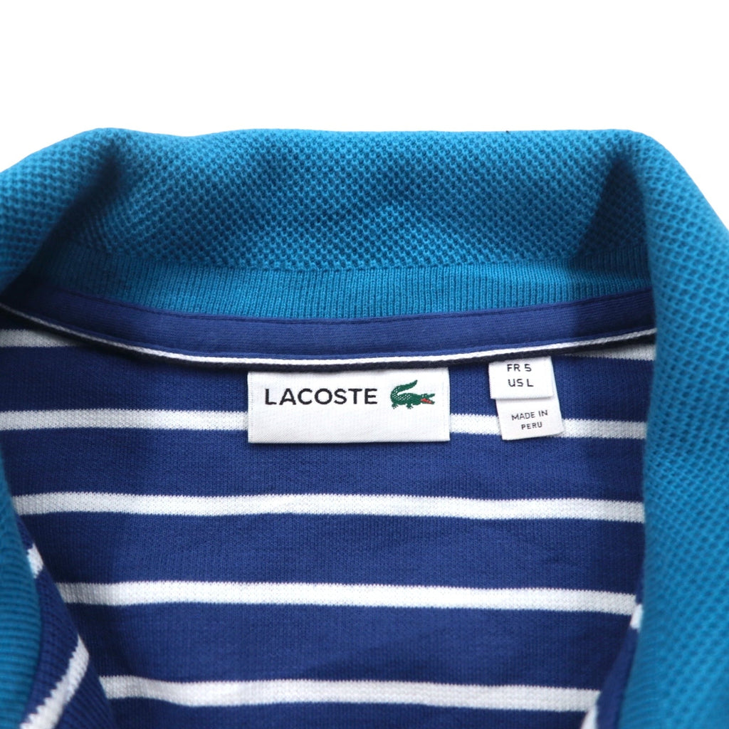 LACOSTE Maglione in cotone lavorato a maglia con mezza zip, taglia L, blu navy a righe con logo, prodotto in Perù
