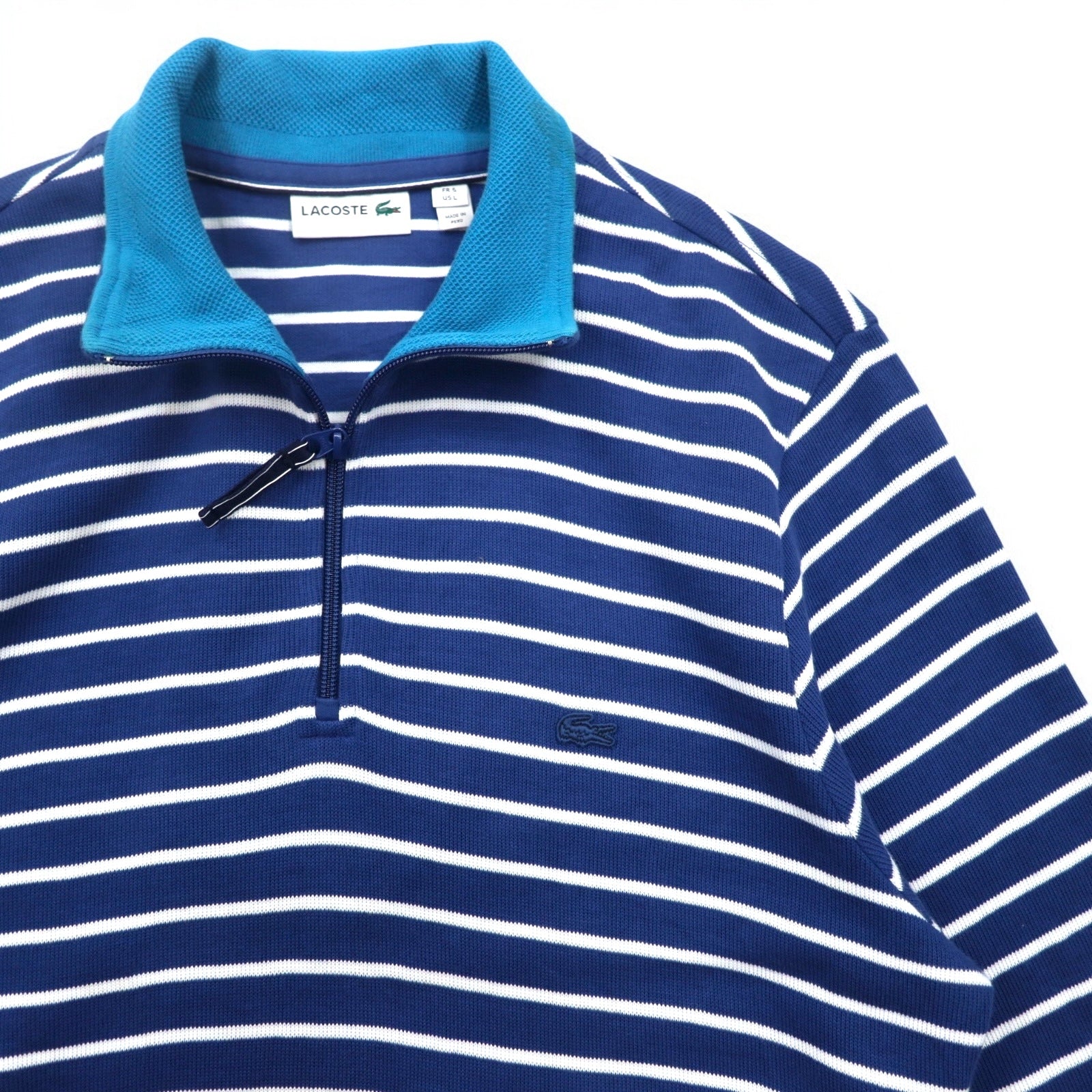 LACOSTE Maglione in cotone lavorato a maglia con mezza zip, taglia L, blu navy a righe con logo, prodotto in Perù