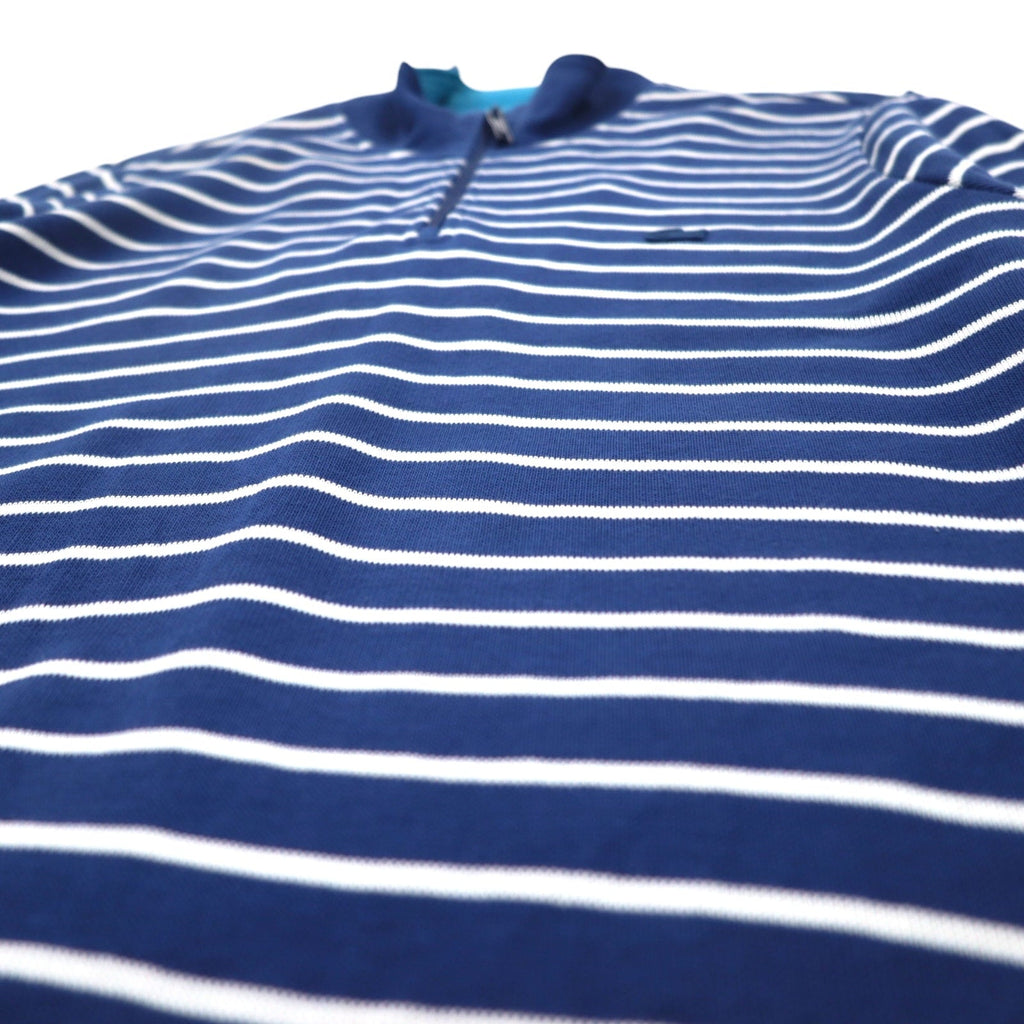 LACOSTE Maglione in cotone lavorato a maglia con mezza zip, taglia L, blu navy a righe con logo, prodotto in Perù
