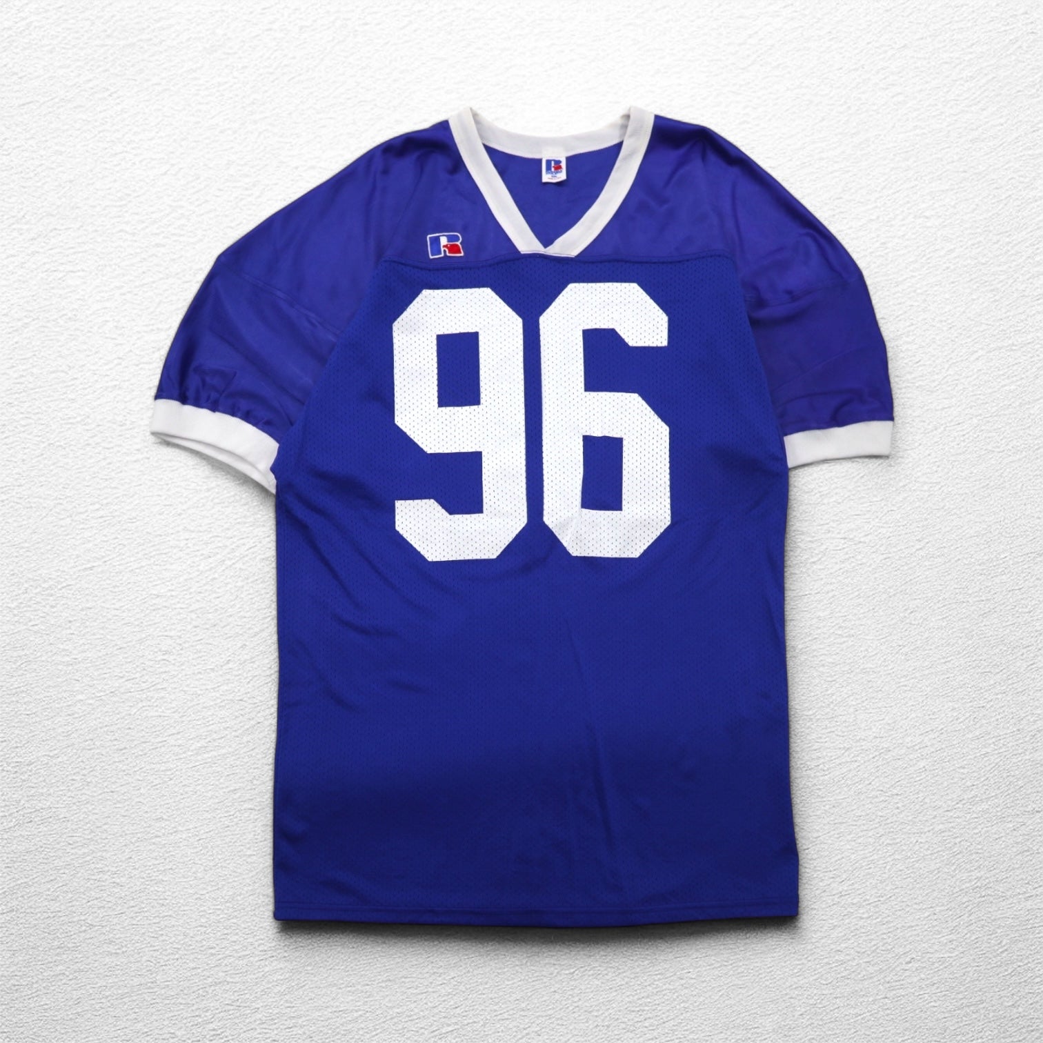 RUSSELL ATHLETIC made in USA anni '90 maglia da gioco 2XL taglia grande blu nylon con numerazione