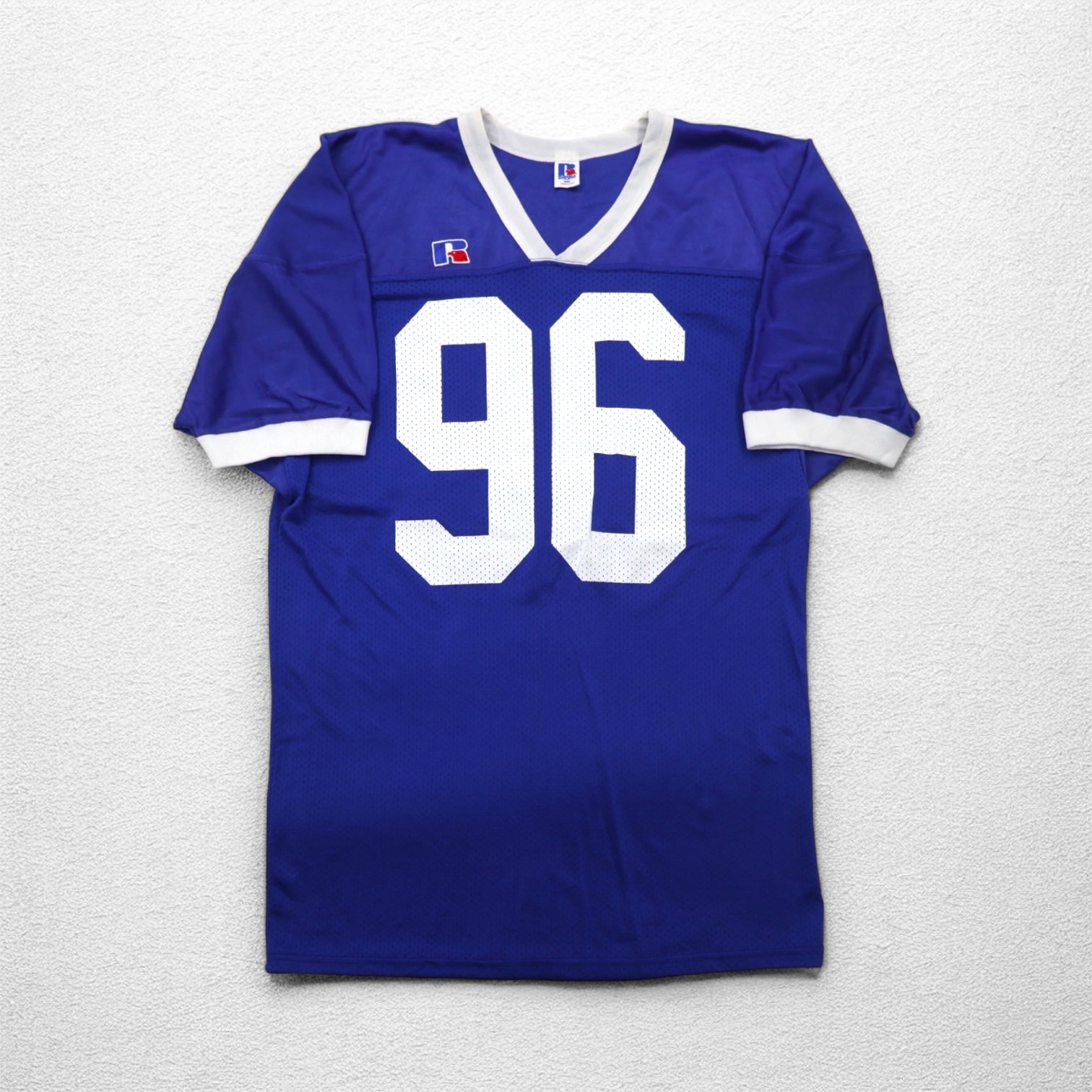 RUSSELL ATHLETIC made in USA anni '90 maglia da gioco 2XL taglia grande blu nylon con numerazione