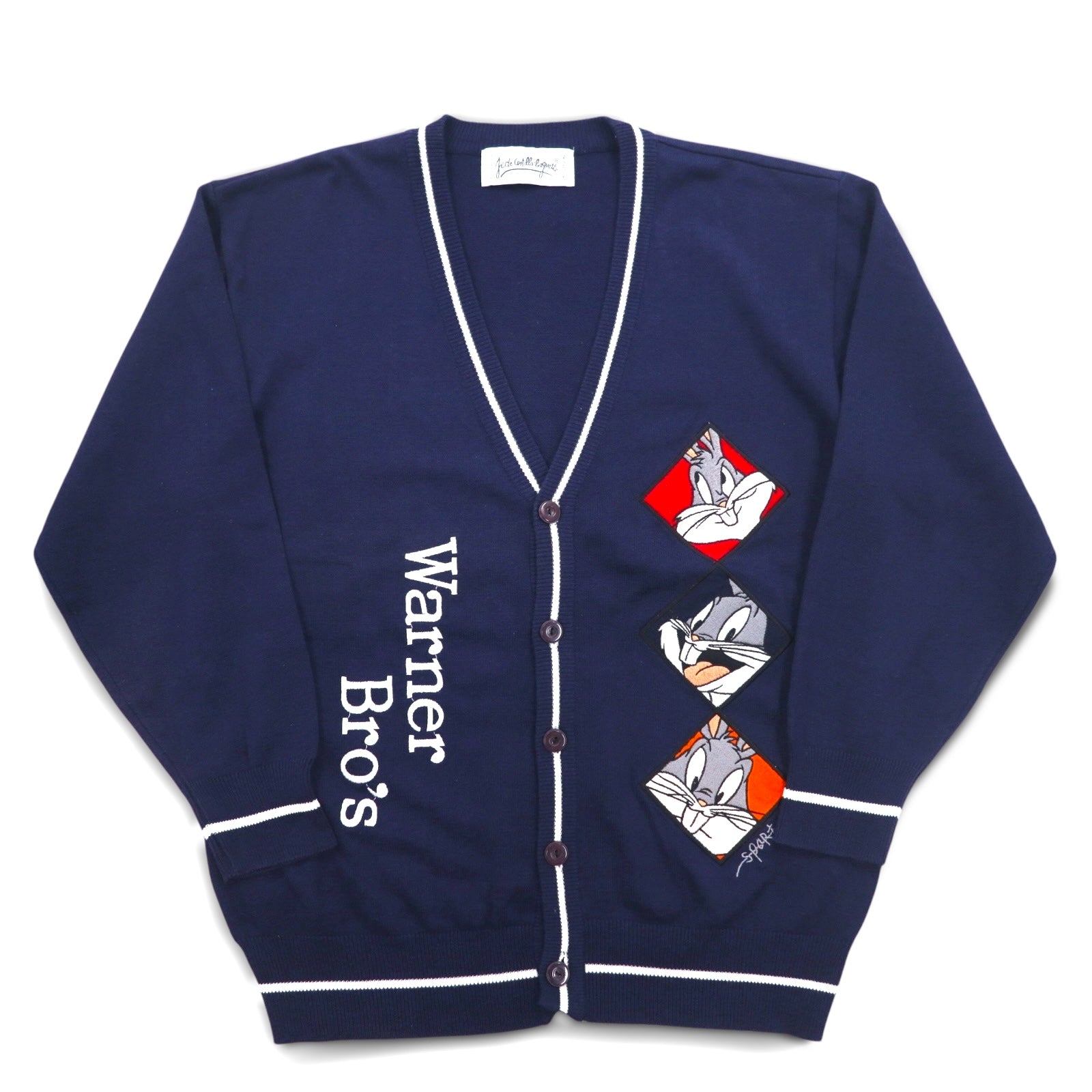 JC de Castelbajac × WARNER BROS. anni '90 Cardigan in cotone L Blu navy LOONEY TUNES Bugs Bunny Ricamo del personaggio