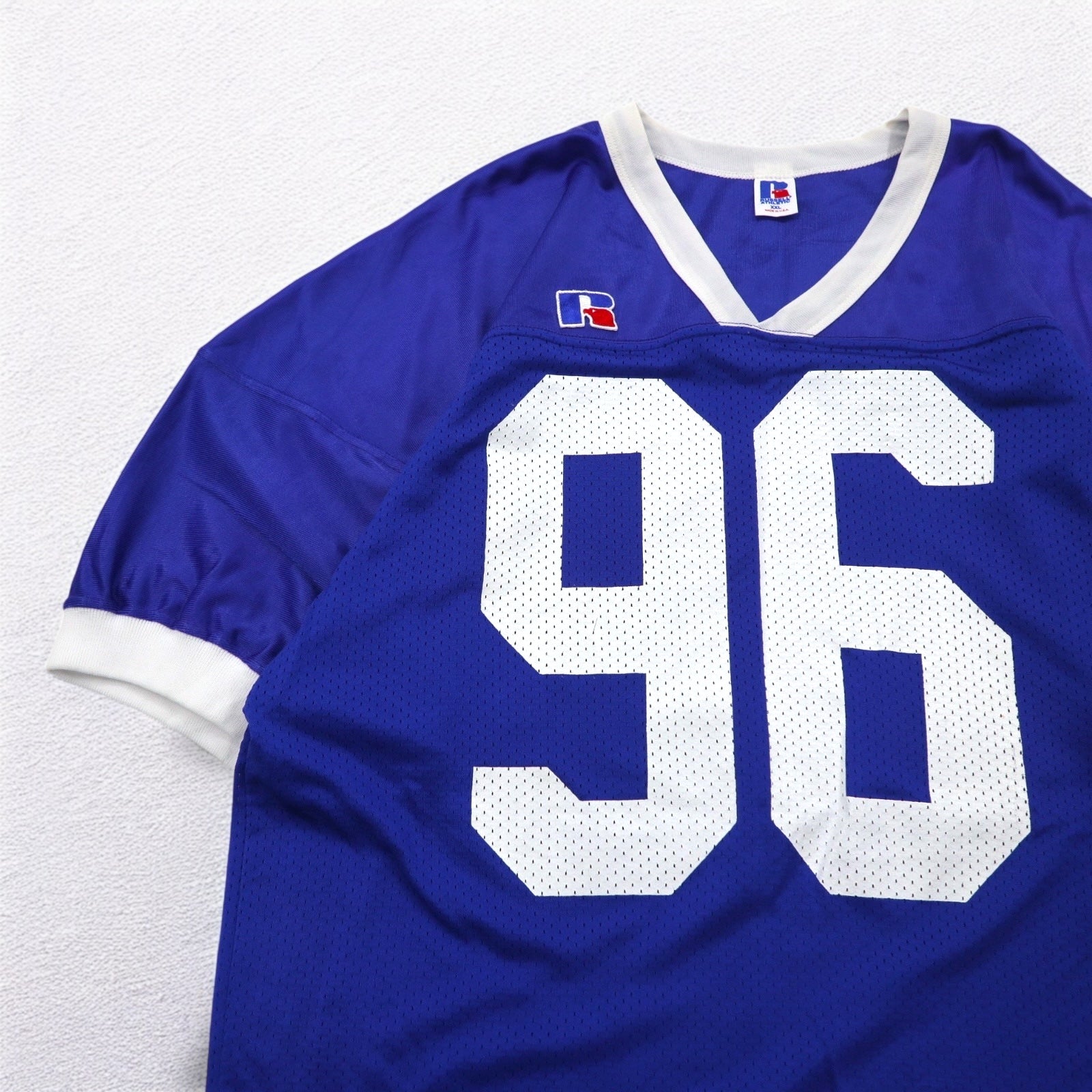 RUSSELL ATHLETIC made in USA anni '90 maglia da gioco 2XL taglia grande blu nylon con numerazione