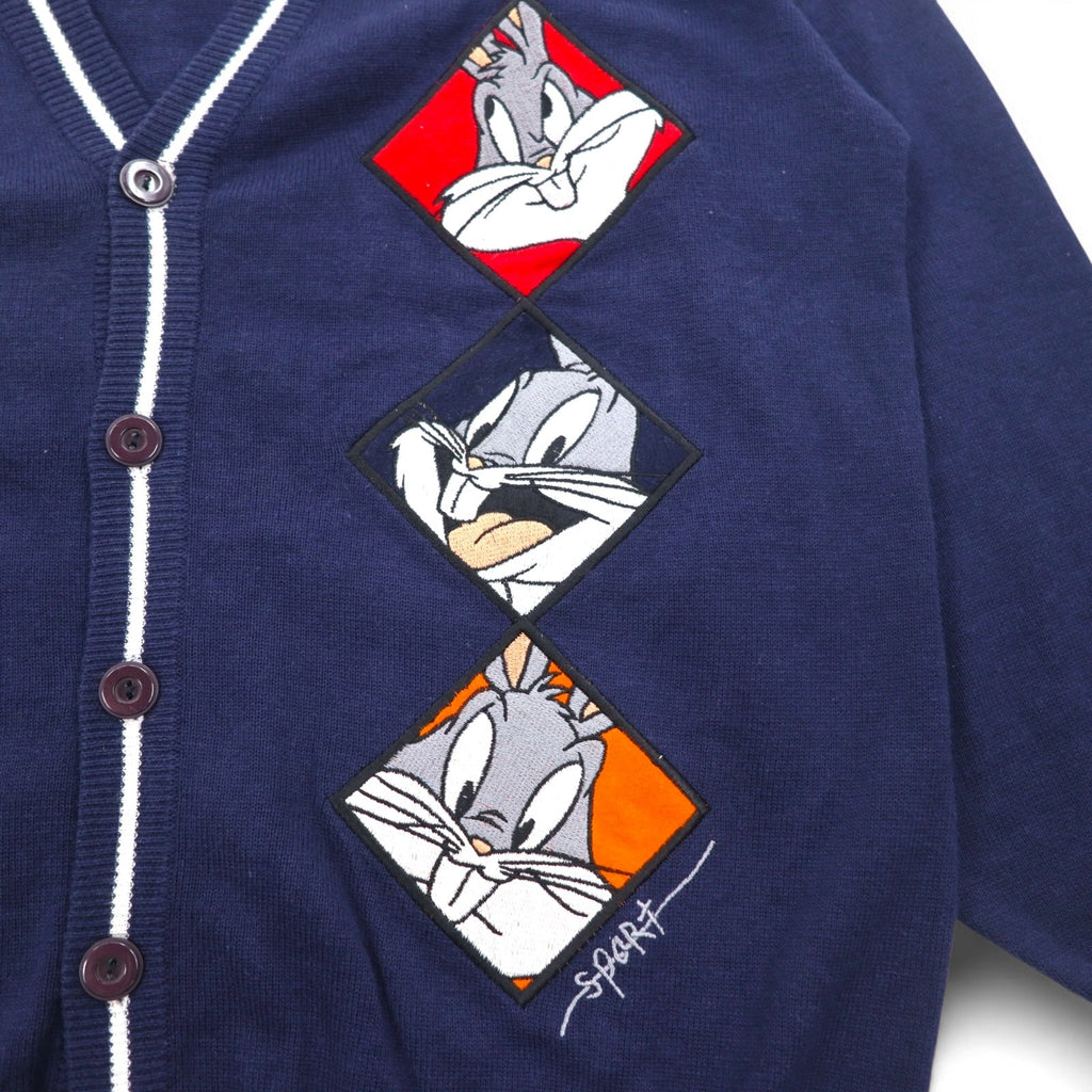 JC de Castelbajac × WARNER BROS. anni '90 Cardigan in cotone L Blu navy LOONEY TUNES Bugs Bunny Ricamo del personaggio