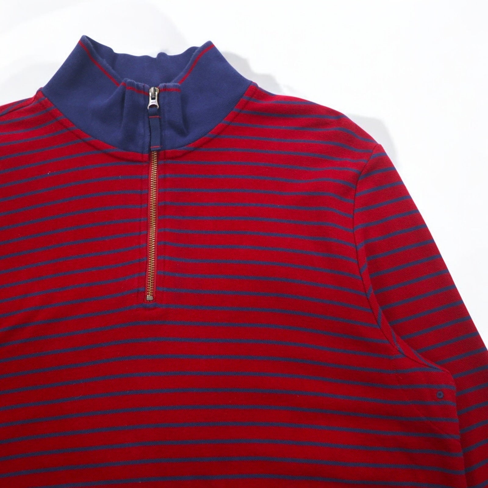 L.L.Bean Felpa mezza zip L rossa navy a righe in cotone piqué