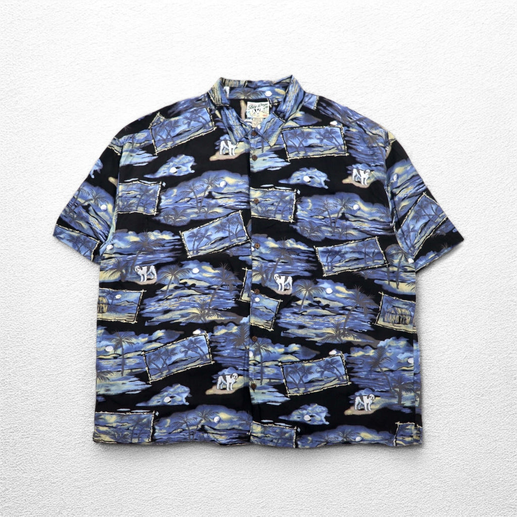 Big Dogs 90年代 アロハシャツ 4XL ビッグサイズ ブルー ブラック レーヨン 総柄 ヤシの木