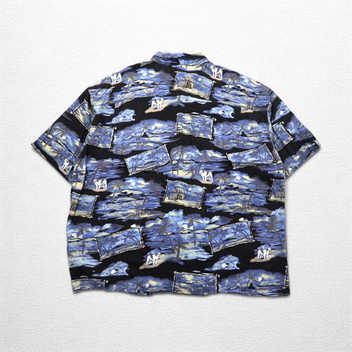Big Dogs Anni '90 Aloha Shirt 4XL Taglia Grande Blu Nero Ryon Fantasia Completa Palme