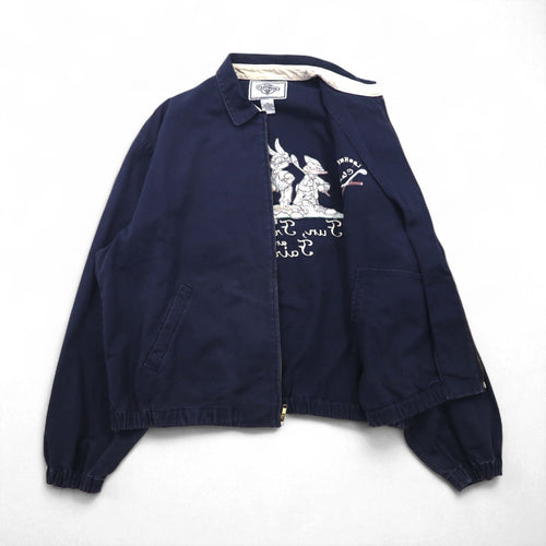 ACME CLOTHING × Warner Bros. Giacca Harrington LOONEY TUNES anni '90, taglia XL, blu navy, ricamo personaggi, Looney Tunes