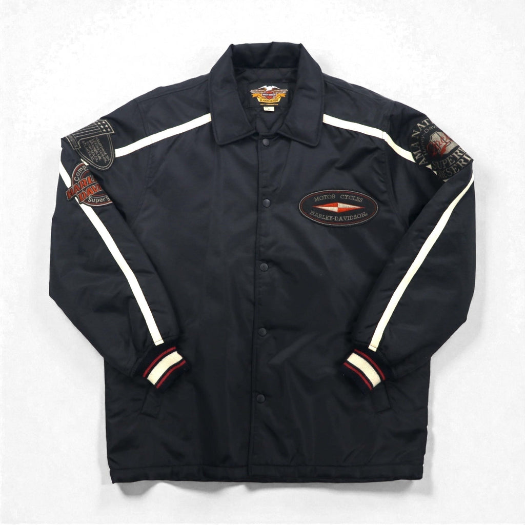 HARLEY DAVIDSON 00年代 レーシングジャケット ナイロン 中綿 コーチジャケット L ブラック 刺繍 サイドライン
