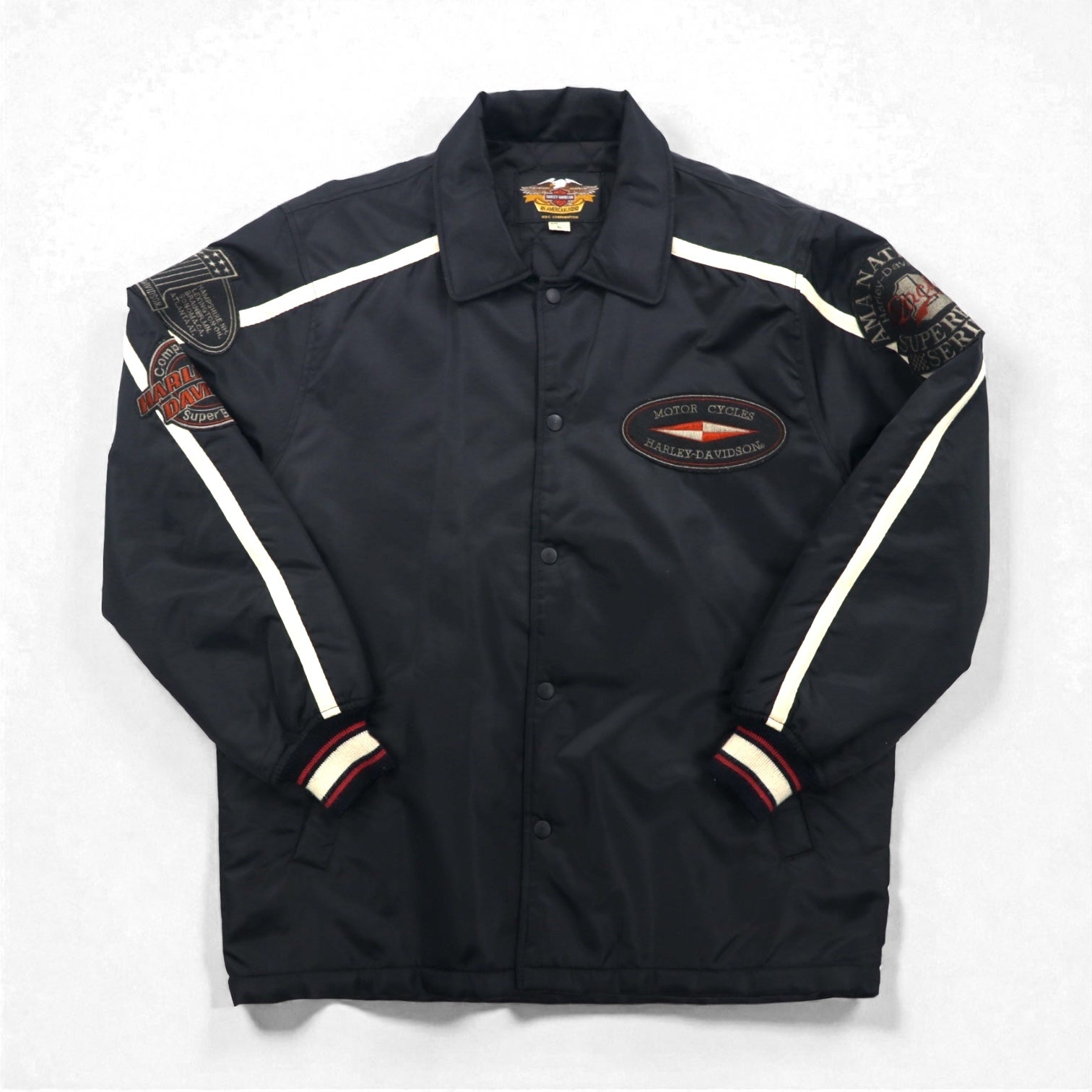 HARLEY DAVIDSON 00年代 レーシングジャケット ナイロン 中綿 コーチジャケット L ブラック 刺繍 サイドライン