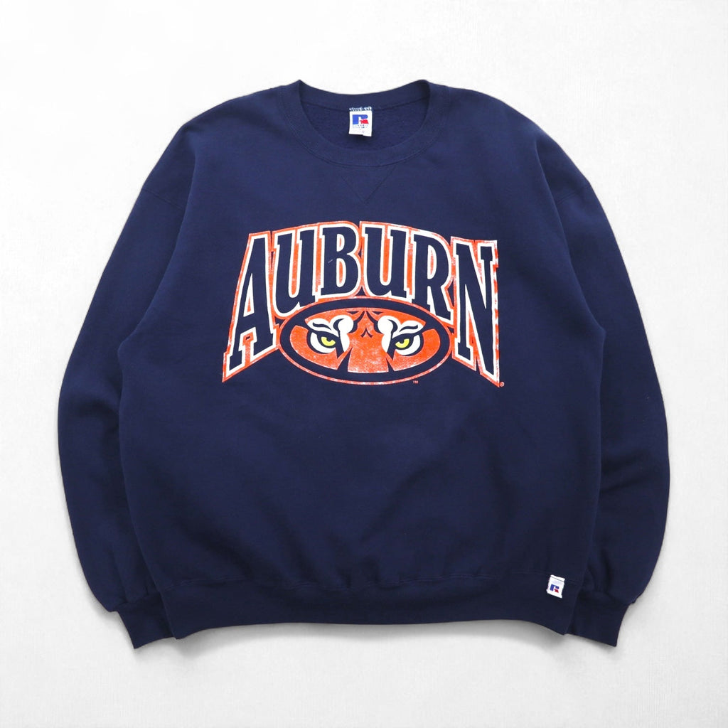 Felpa RUSSEL ATHLETIC anni '90, Made in USA, stampa college, scollo a V, taglia XL, blu navy, interno felpato, AUBURNS TIGERS, logo ad arco