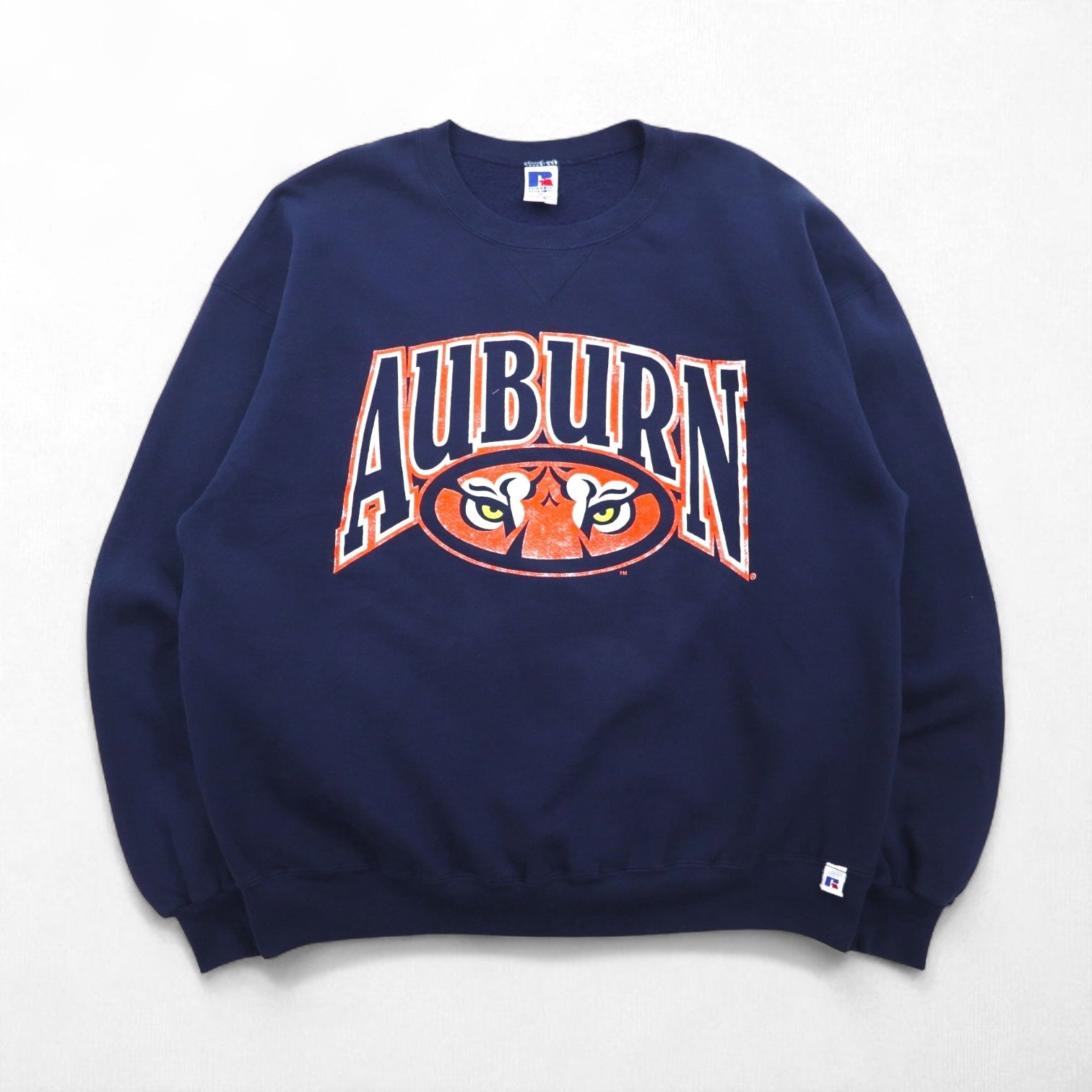 Felpa RUSSEL ATHLETIC anni '90, Made in USA, stampa college, scollo a V, taglia XL, blu navy, interno felpato, AUBURNS TIGERS, logo ad arco