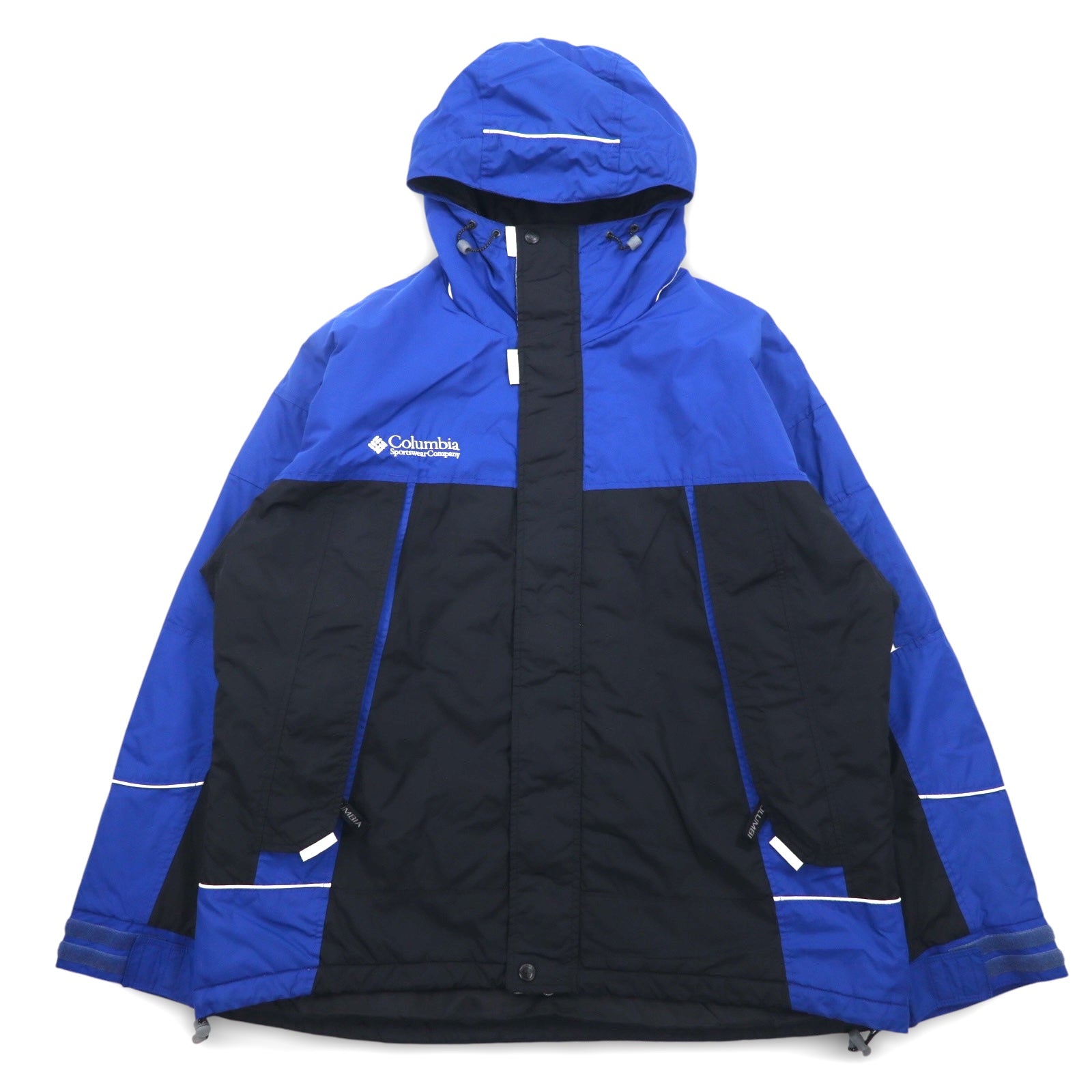 Giacca a vento Columbia, XL, blu e nera, in nylon, doppia cerniera, coulisse, prodotta nello Sri Lanka