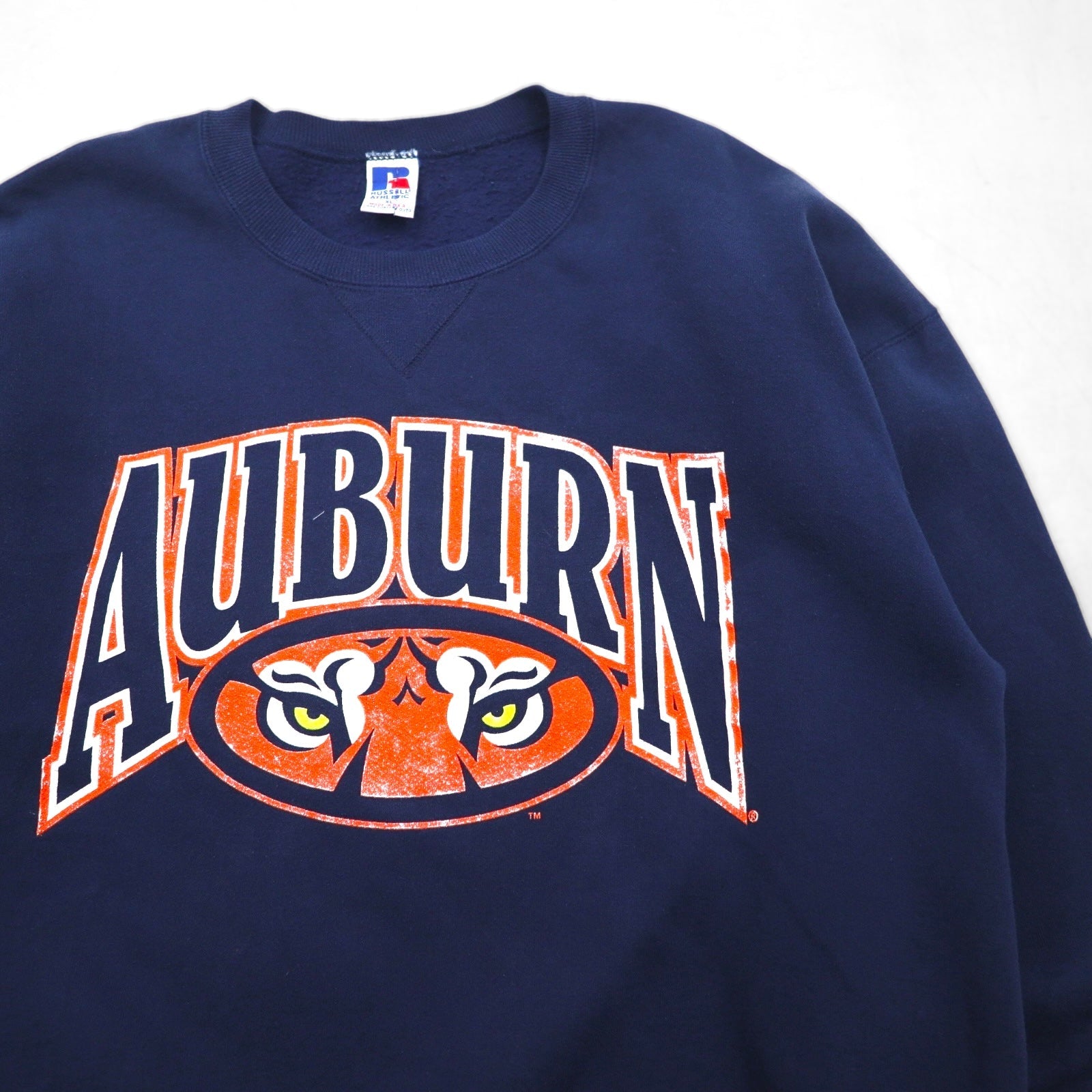 Felpa RUSSEL ATHLETIC anni '90, Made in USA, stampa college, scollo a V, taglia XL, blu navy, interno felpato, AUBURNS TIGERS, logo ad arco