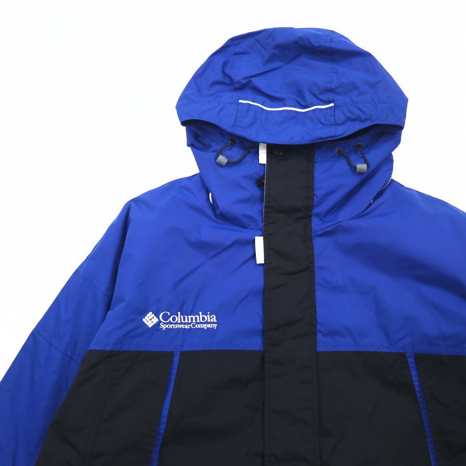 Giacca a vento Columbia, XL, blu e nera, in nylon, doppia cerniera, coulisse, prodotta nello Sri Lanka