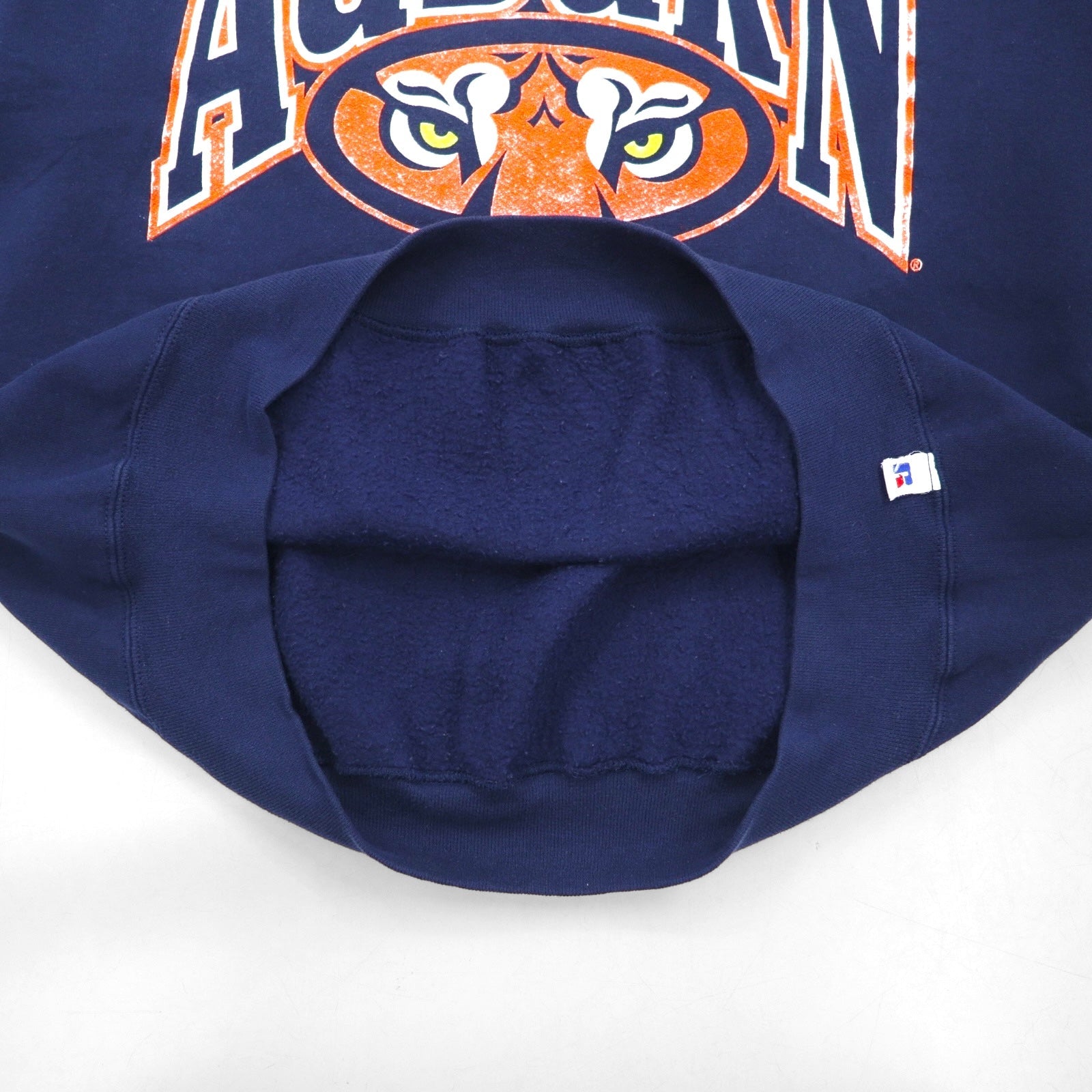 Felpa RUSSEL ATHLETIC anni '90, Made in USA, stampa college, scollo a V, taglia XL, blu navy, interno felpato, AUBURNS TIGERS, logo ad arco