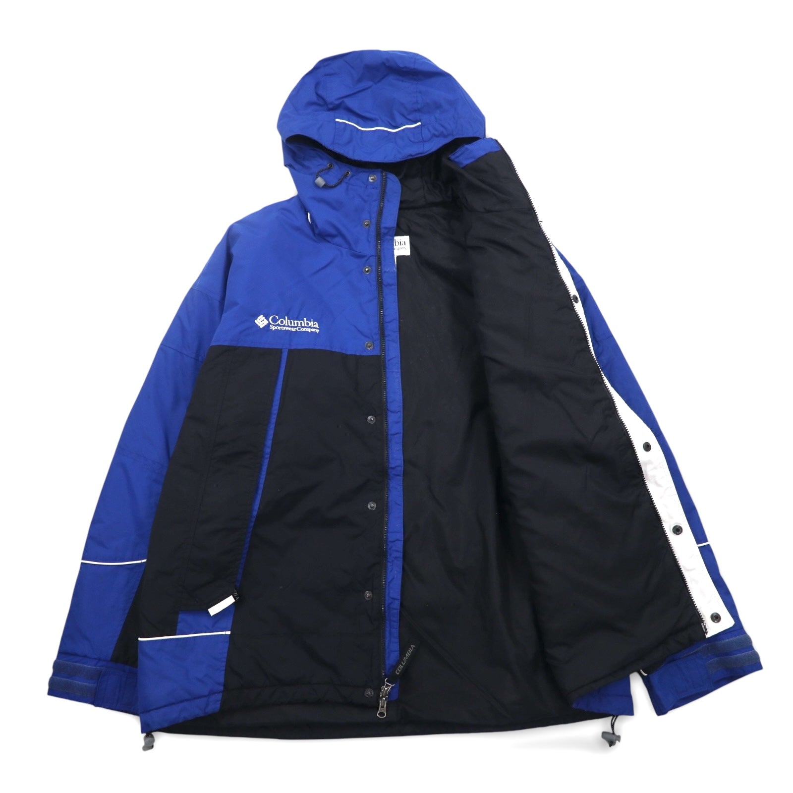 Giacca a vento Columbia, XL, blu e nera, in nylon, doppia cerniera, coulisse, prodotta nello Sri Lanka