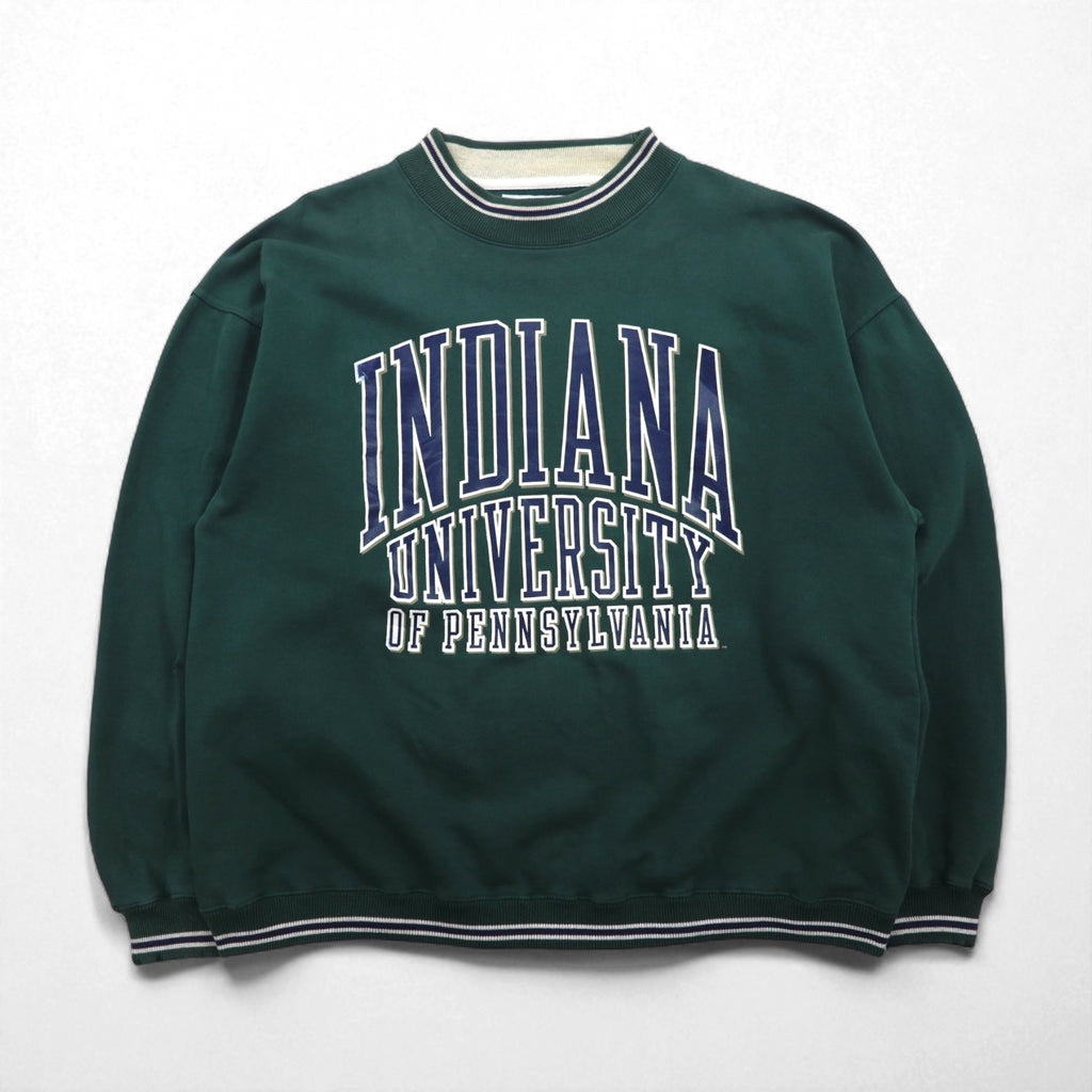 GEAR FOR SPORT anni '90 BIG COTTON maglione girocollo con stampa universitaria, taglia L, verde, stampa a tre livelli, logo ad arco INDIANA UNIVERSITY