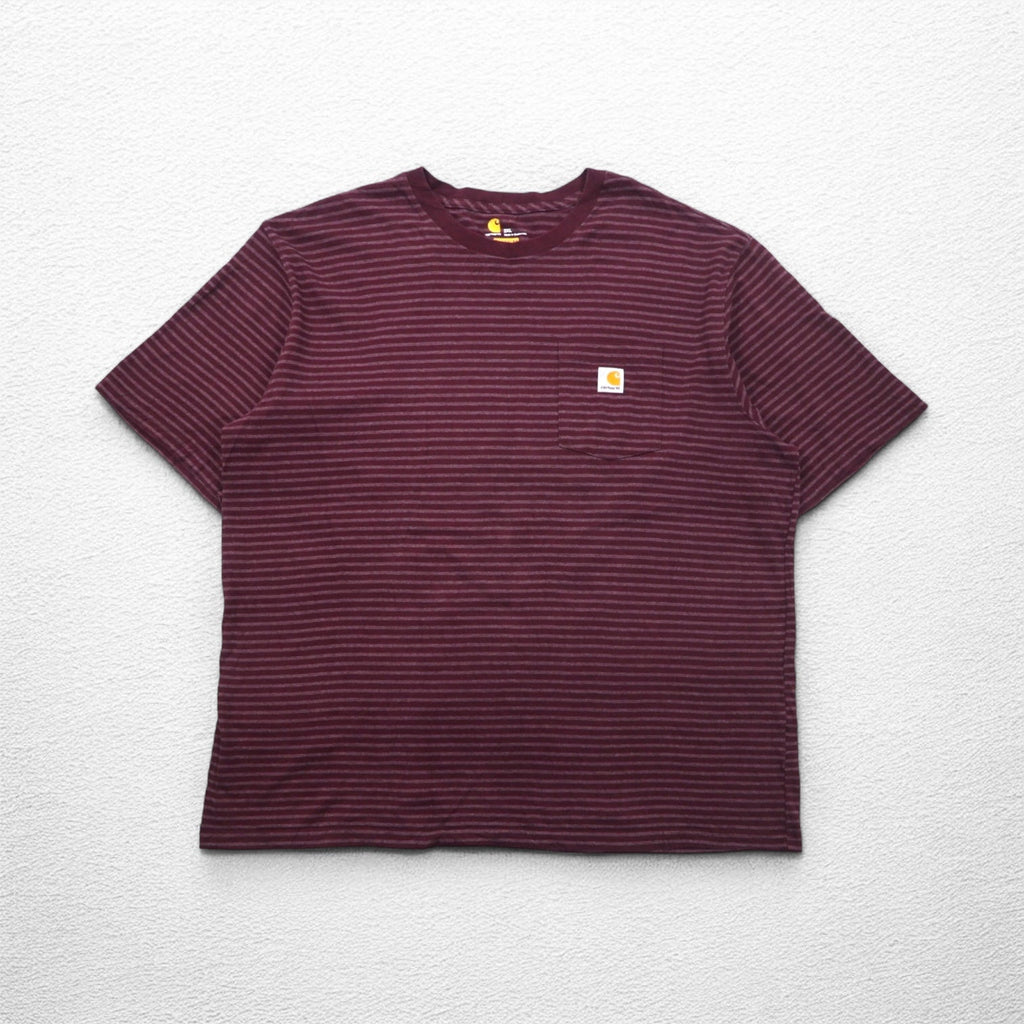 carhartt ポケット付き ボーダー Tシャツ ポケTee 2XL ボルドー グレー ORIGINAL FIT コットン