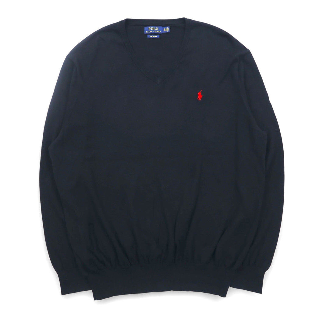 POLO RALPH LAUREN Vネック ピマコットンニット セーター XL ブラック スモールポニー刺繍