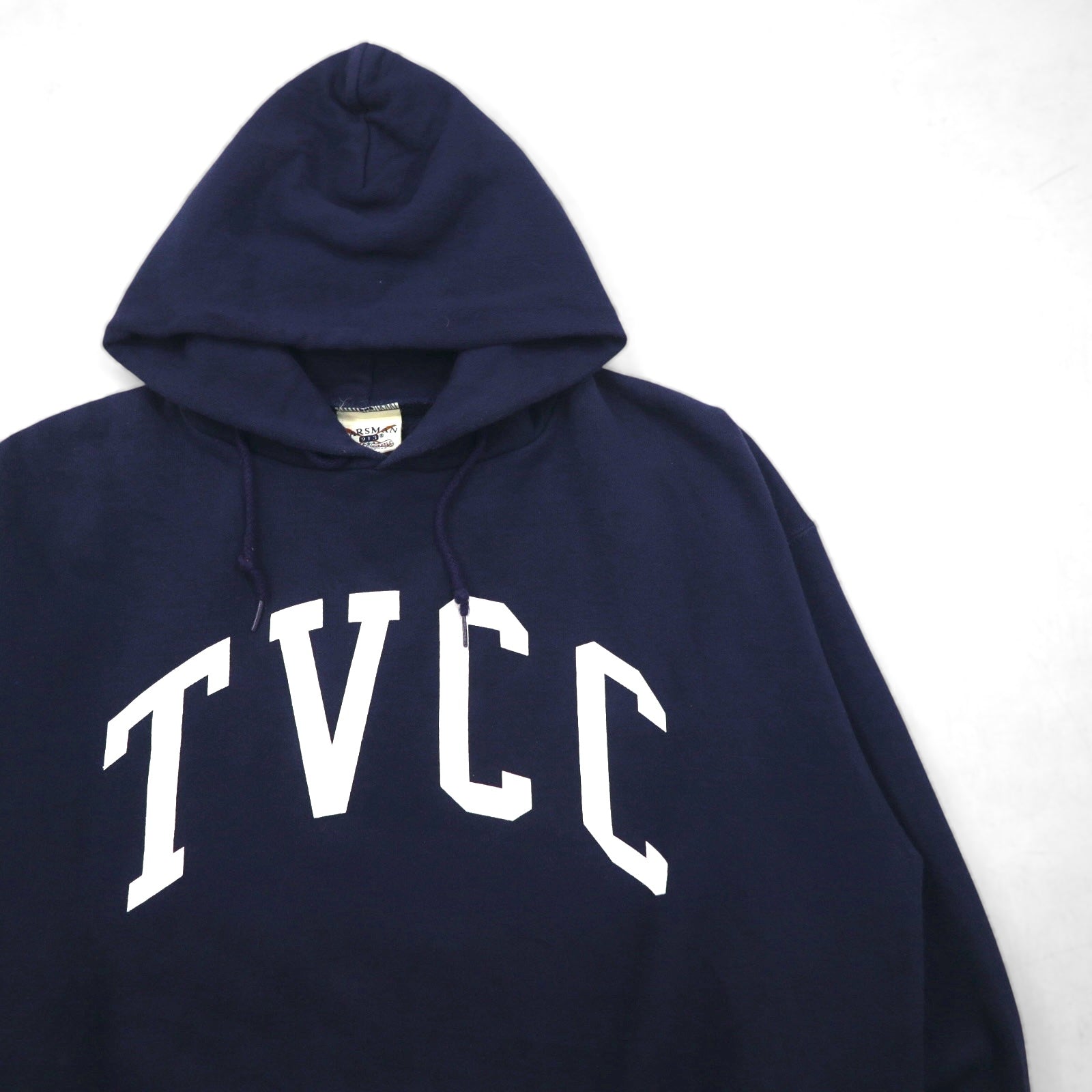 Felpa con cappuccio pullover OARSMAN anni '90, stampa college, taglia XL, blu navy, interno felpato, logo ad arco TVCC, made in Messico