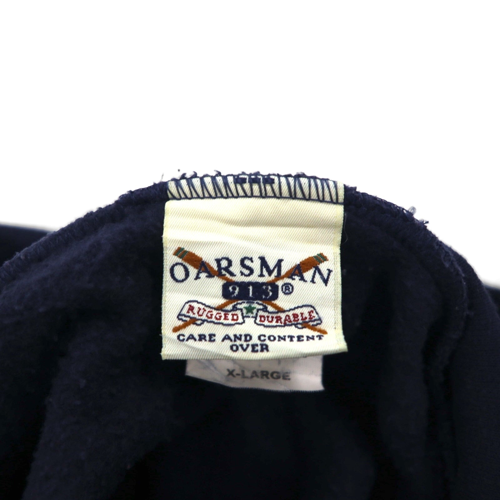 Felpa con cappuccio pullover OARSMAN anni '90, stampa college, taglia XL, blu navy, interno felpato, logo ad arco TVCC, made in Messico