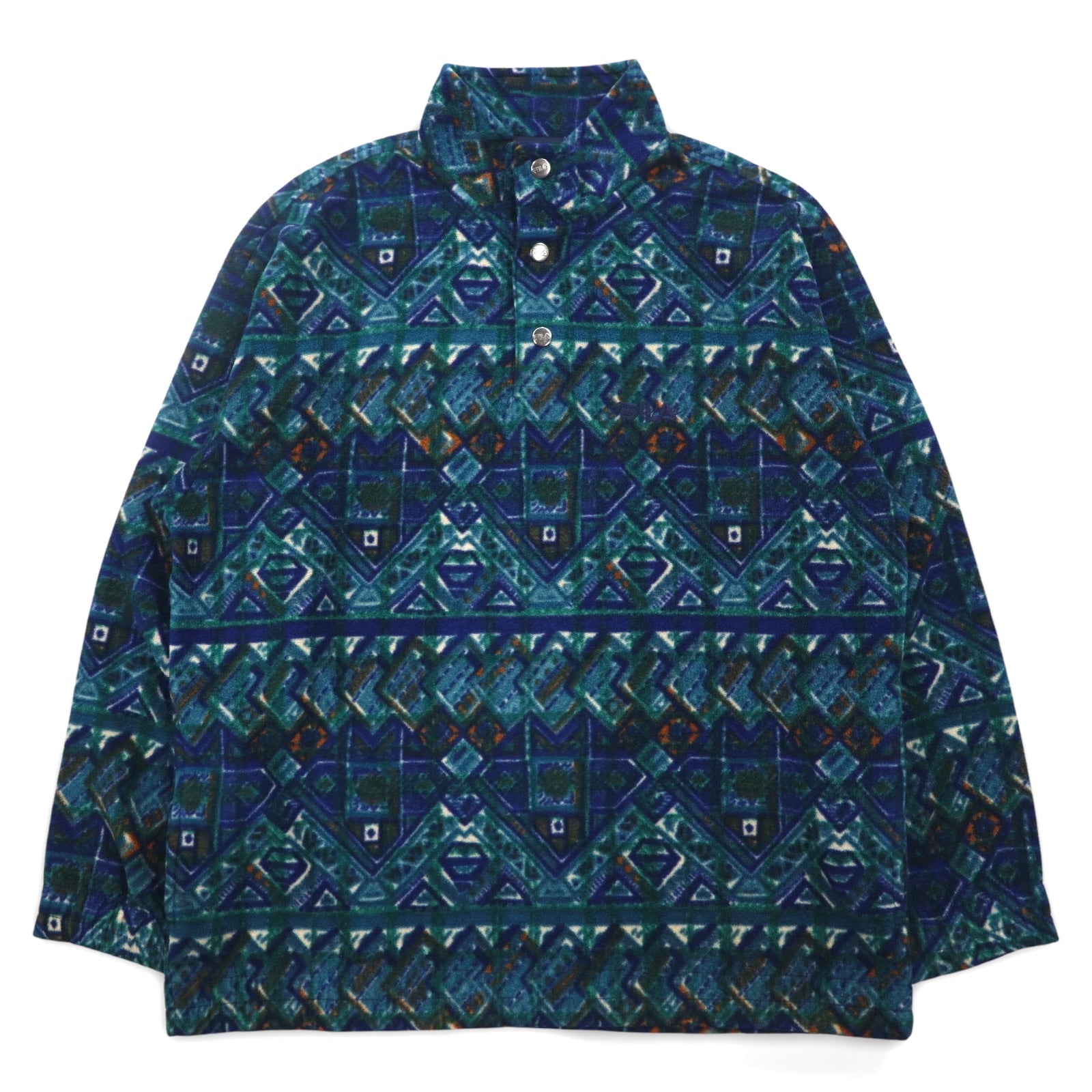 FILA Made in Italy anni '90 fantasia all-over mezza zip con bottoni a pressione T-shirt in pile XXL verde blu
