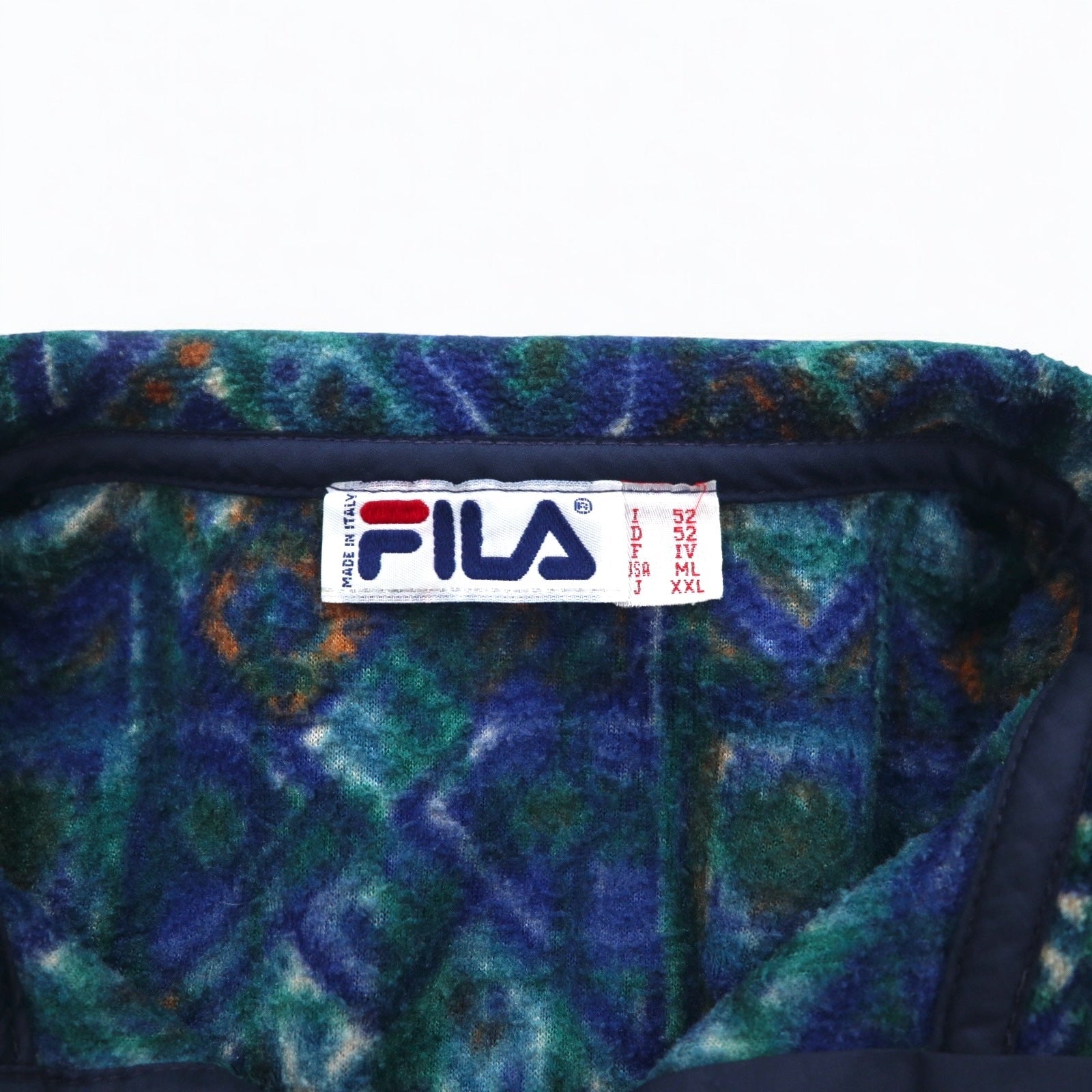 FILA Made in Italy anni '90 fantasia all-over mezza zip con bottoni a pressione T-shirt in pile XXL verde blu