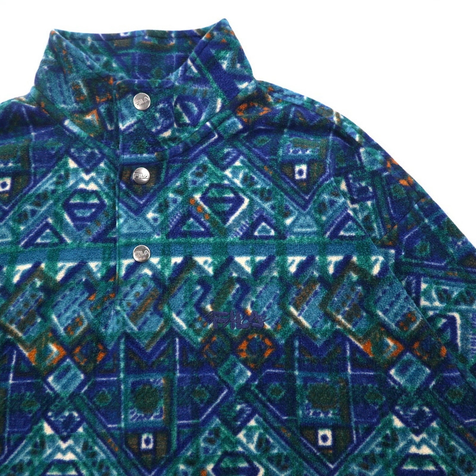 FILA Made in Italy anni '90 fantasia all-over mezza zip con bottoni a pressione T-shirt in pile XXL verde blu