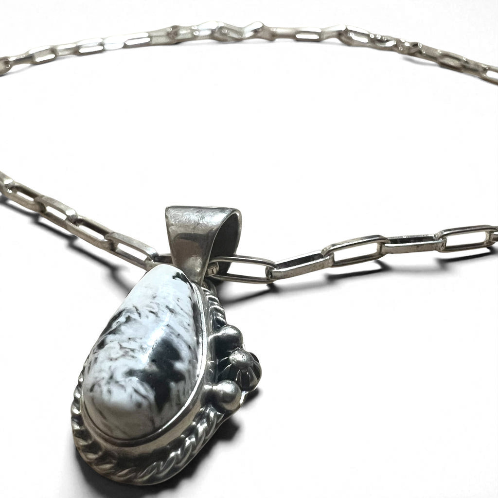 Collana vintage con turchese bianco, gioielli indiani, turchese bianco, collana a catena Hopi, argento Sterling, punzone con marchio M