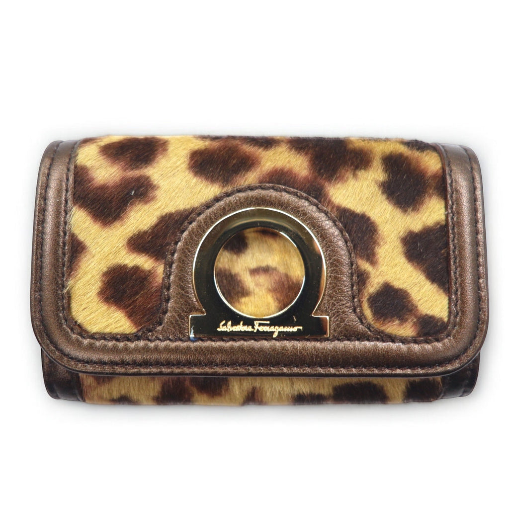 Salvatore Ferragamo Portachiavi a 6 ganci in cavallino con stampa leopardata, marrone, modello AQ-221787, made in Italy