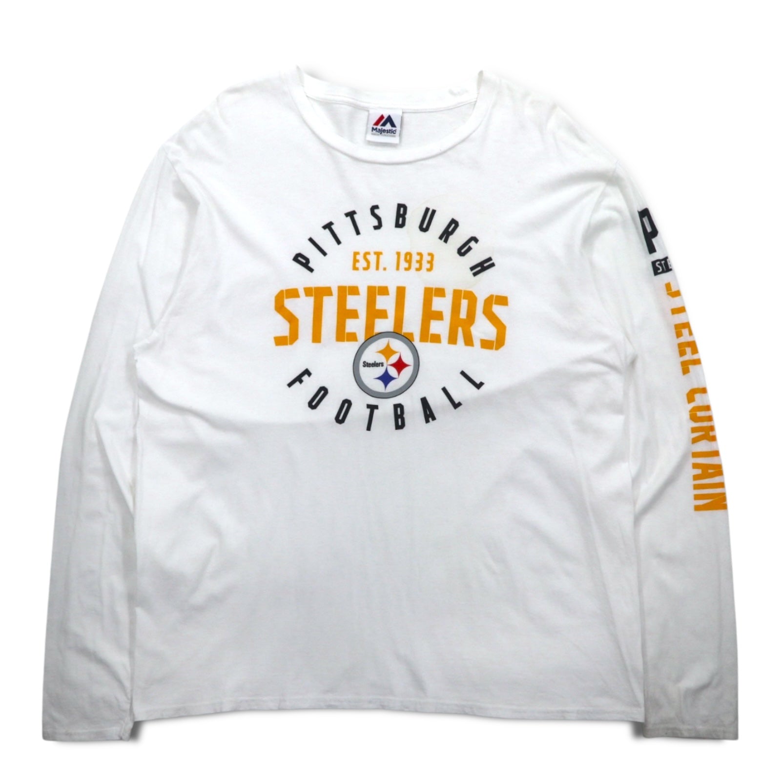 T-shirt a manica lunga Majestic, taglia XL, colore bianco, stampa sulle maniche, NFL PITTSBURGH STEELERS, fabbricata in Honduras
