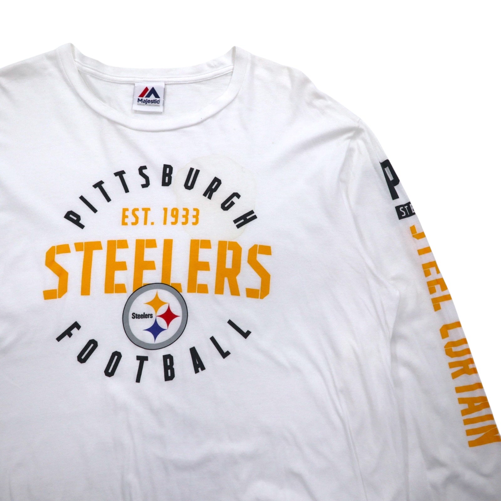 T-shirt a manica lunga Majestic, taglia XL, colore bianco, stampa sulle maniche, NFL PITTSBURGH STEELERS, fabbricata in Honduras