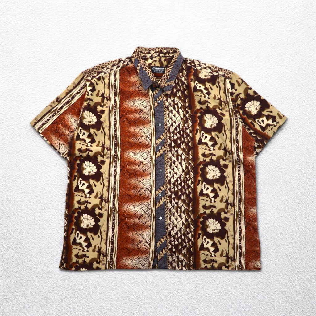 MAHARAJAH Anni '90 Camicia a maniche corte in poliestere Camicia hawaiana XL fantasia marrone