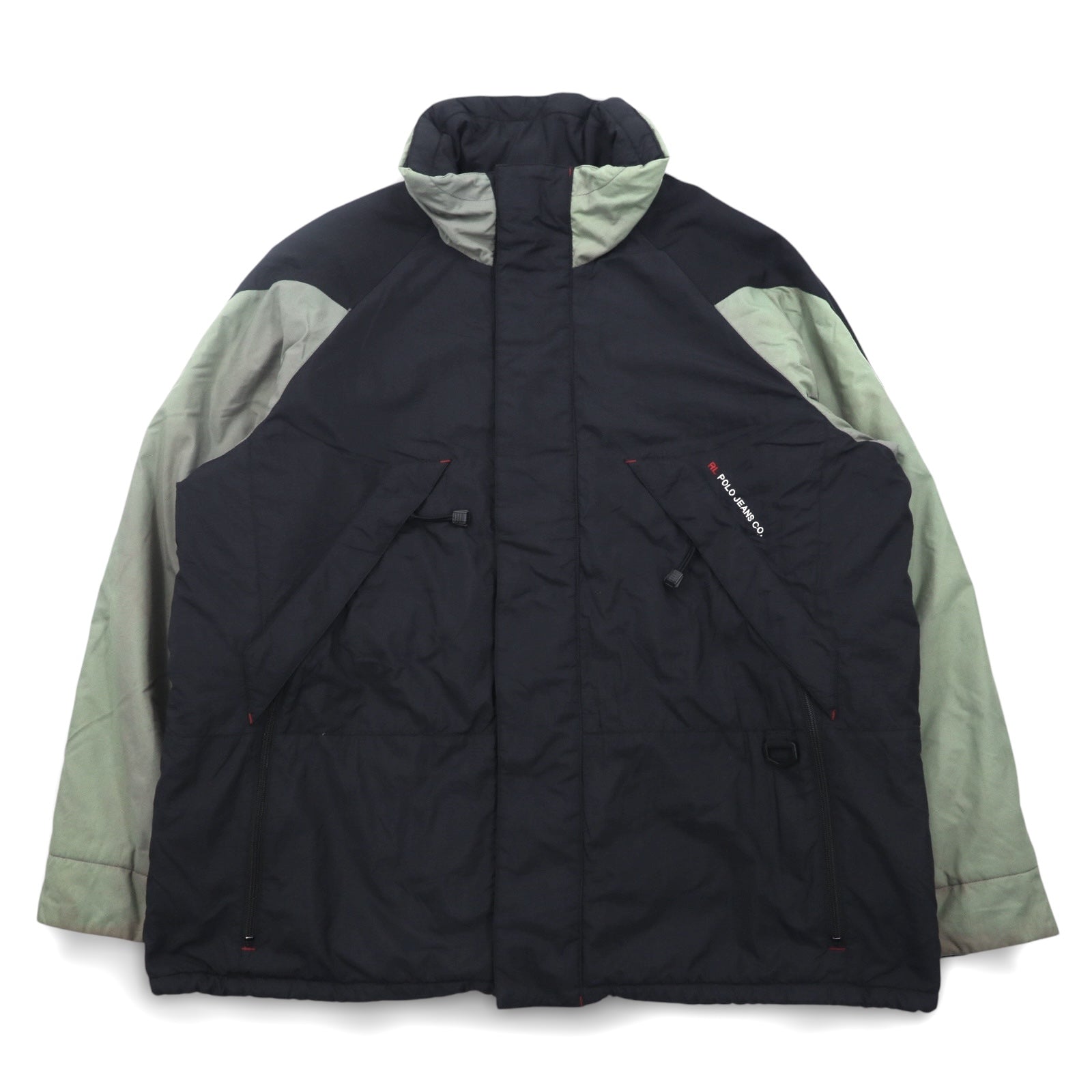 POLO JEANS Co. RALPH LAUREN anni '90, giacca a vento con cappuccio a scomparsa, taglia L, verde e nero, in nylon ripstop