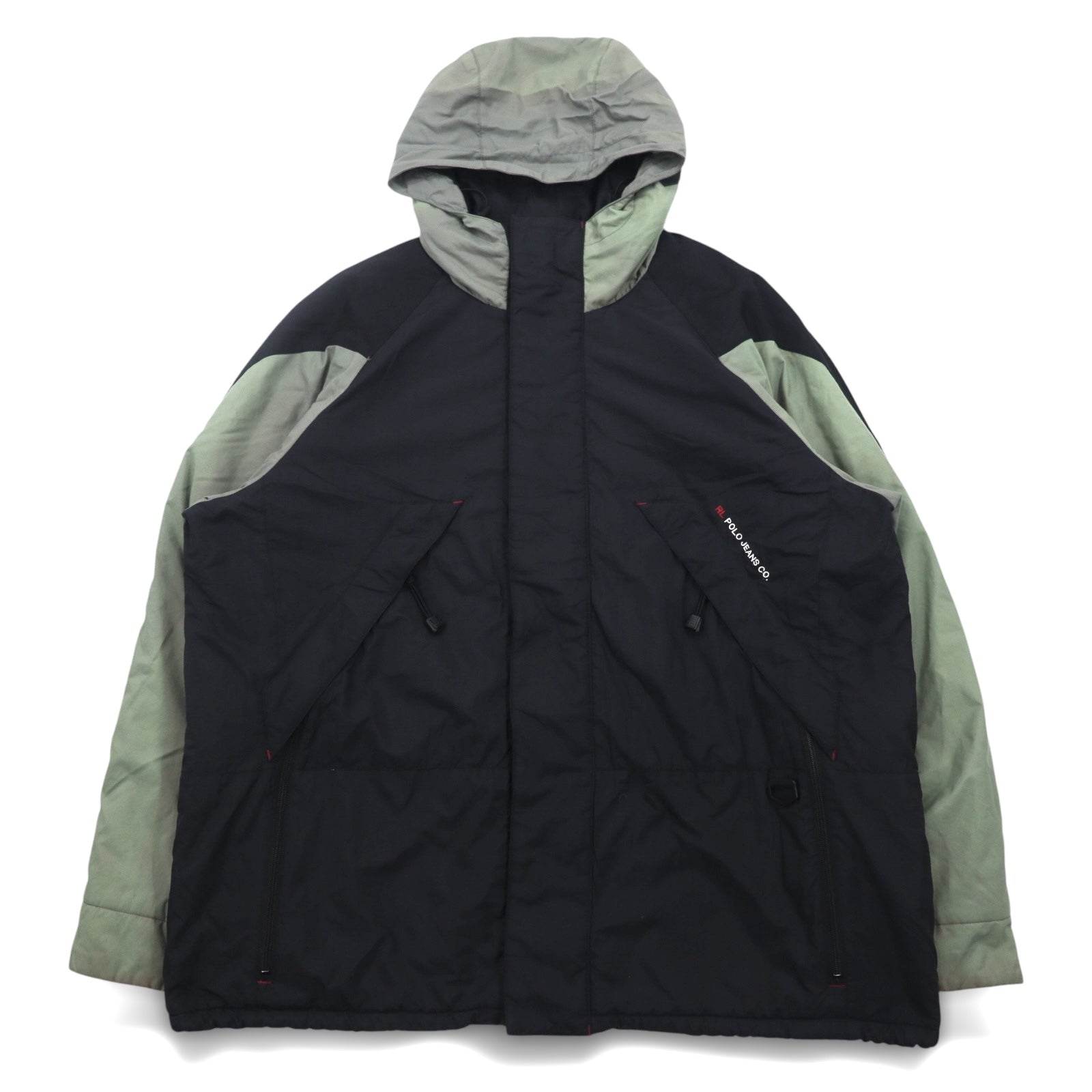 POLO JEANS Co. RALPH LAUREN anni '90, giacca a vento con cappuccio a scomparsa, taglia L, verde e nero, in nylon ripstop