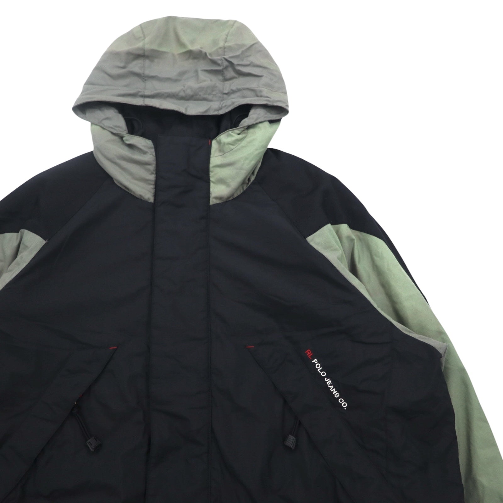POLO JEANS Co. RALPH LAUREN anni '90, giacca a vento con cappuccio a scomparsa, taglia L, verde e nero, in nylon ripstop