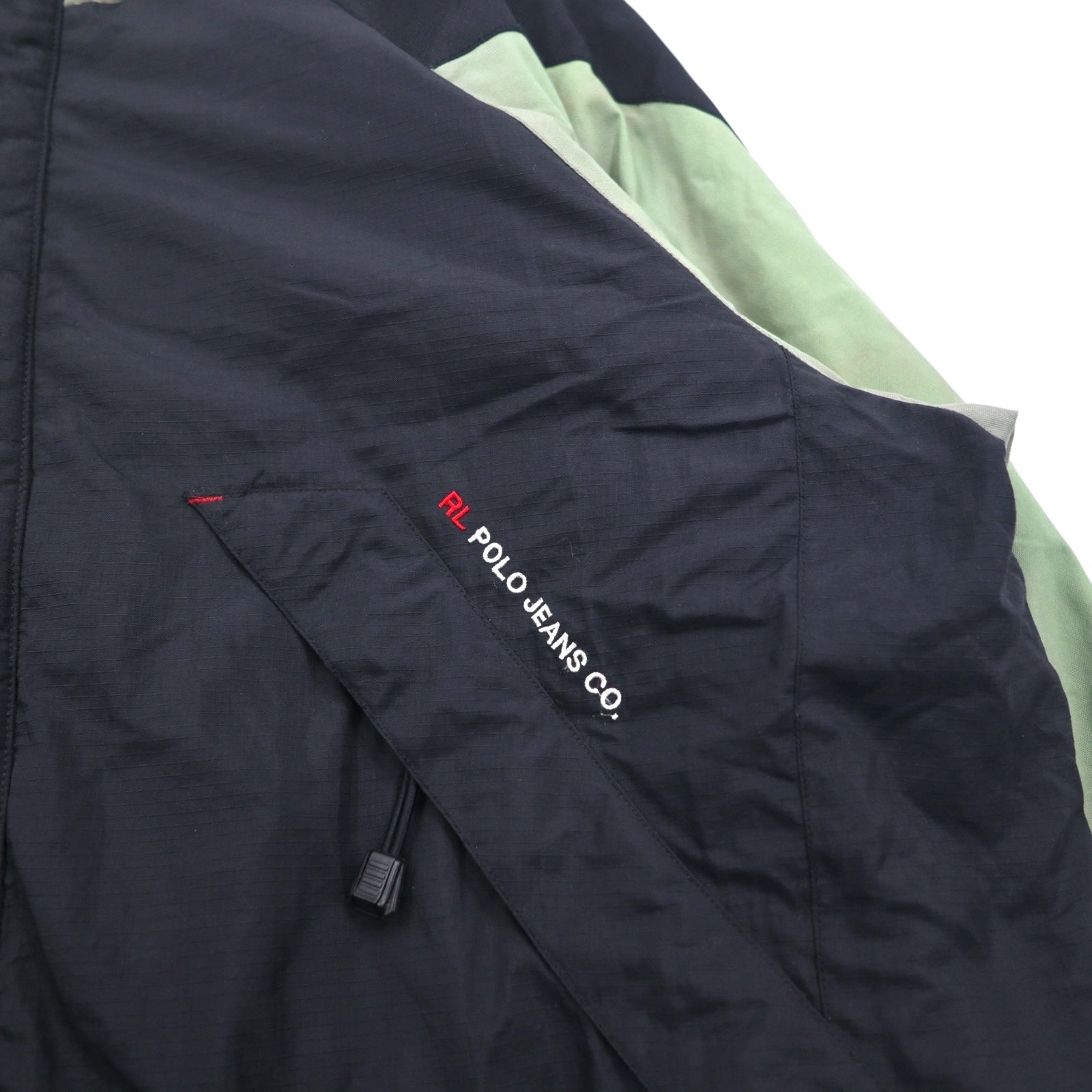 POLO JEANS Co. RALPH LAUREN anni '90, giacca a vento con cappuccio a scomparsa, taglia L, verde e nero, in nylon ripstop
